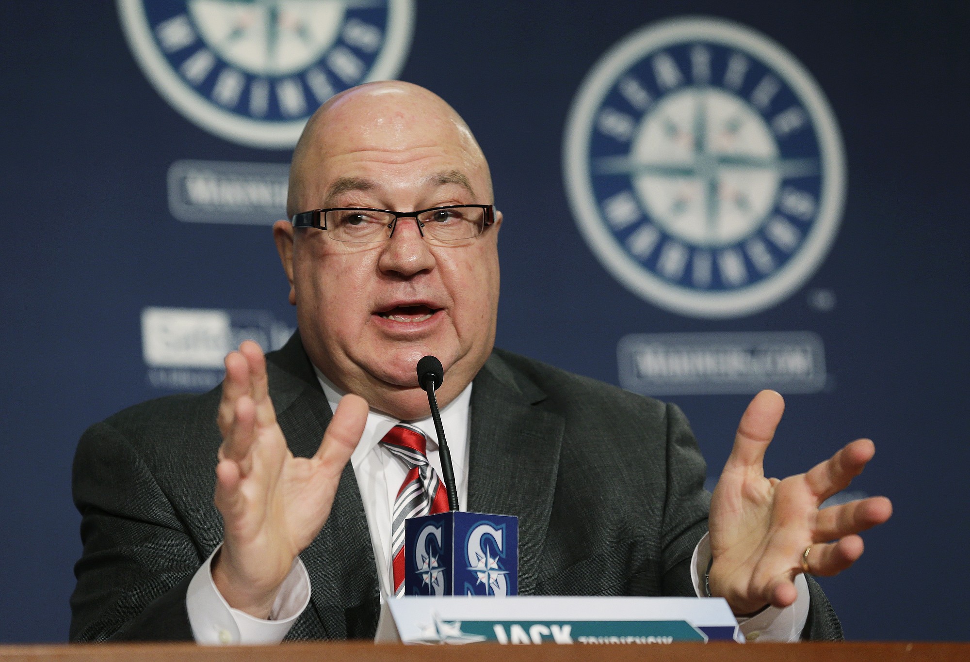 Seattle Mariners general manager Jack Zduriencik talks to reporters Jan. 22 at a press conference in Seattle. The Mariners have fired Zduriencik after seven disappointing seasons during which the club failed to end its playoff drought. Team President Kevin Mather announced the decision to fire Zduriencik on Friday. Assistant general manager Jeff Kingston will take over on an interim basis. (AP Photo/Ted S.