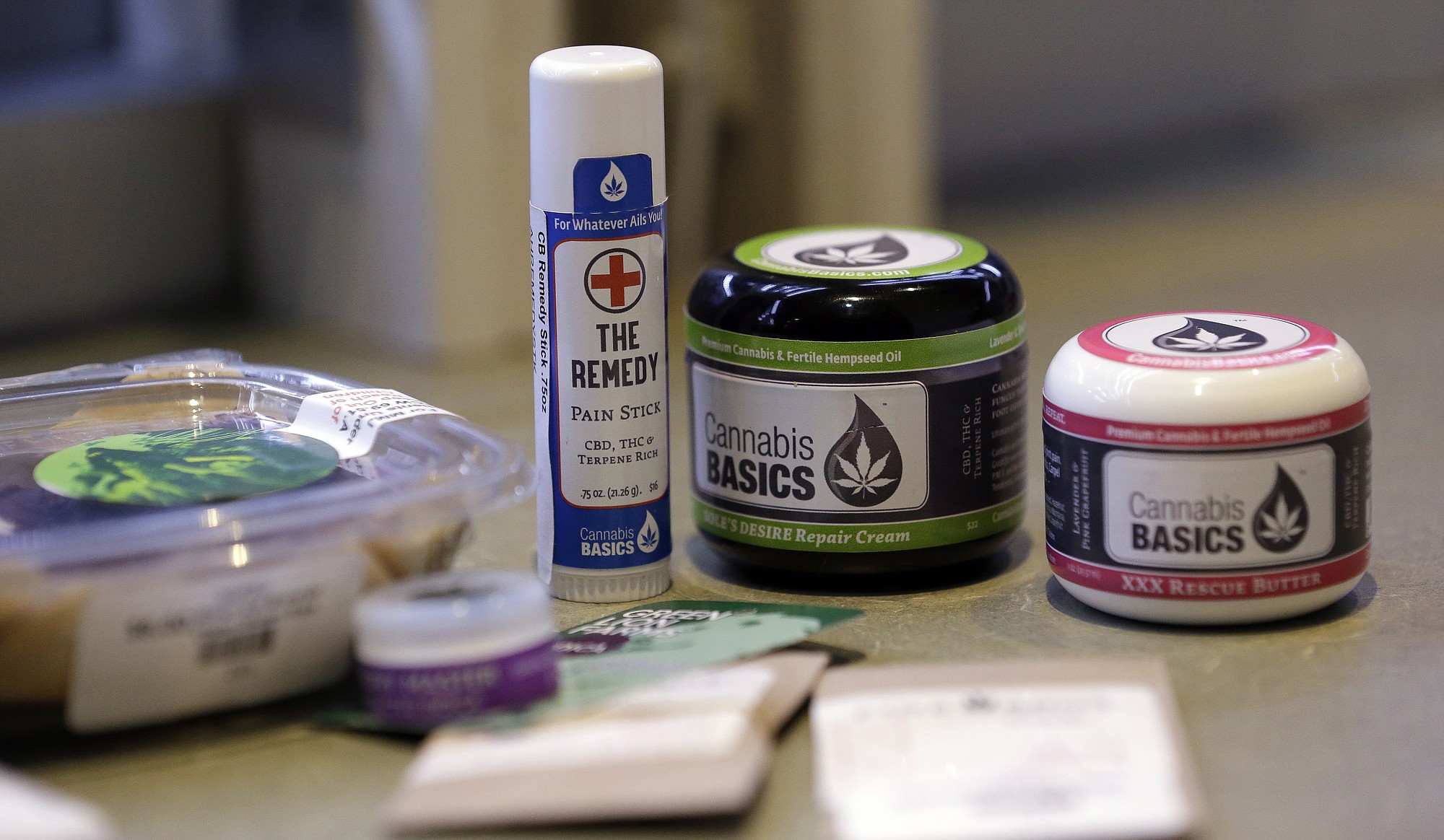 A variety of medical marijuana products sit on a counter at a dispensary Jan.