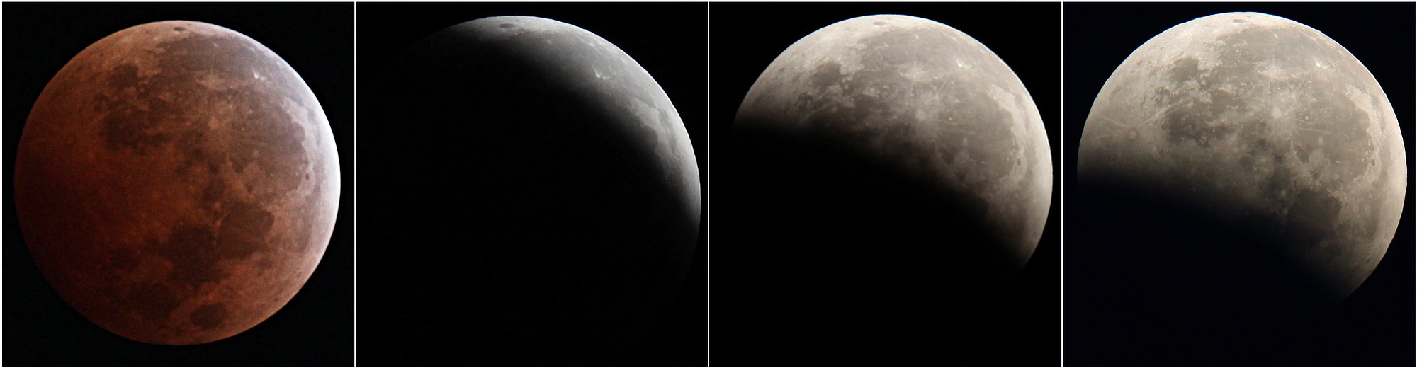 This combo of four photos from left to right shows a total lunar eclipse seen from Mexico City, Wednesday, Oct. 8, 2014. The moon appears orange or red, the result of sunlight scattering off Earth's atmosphere. This is known as the blood moon.