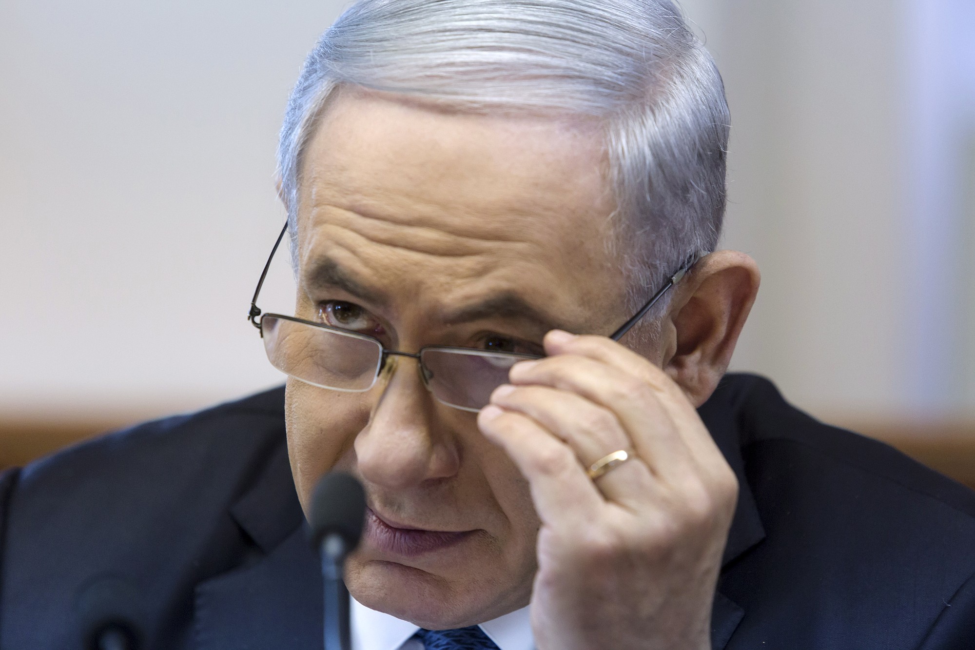 Israeli Prime Minister Benjamin Netanyahu listens Sunday during a Cabinet meeting in his office in Jerusalem.