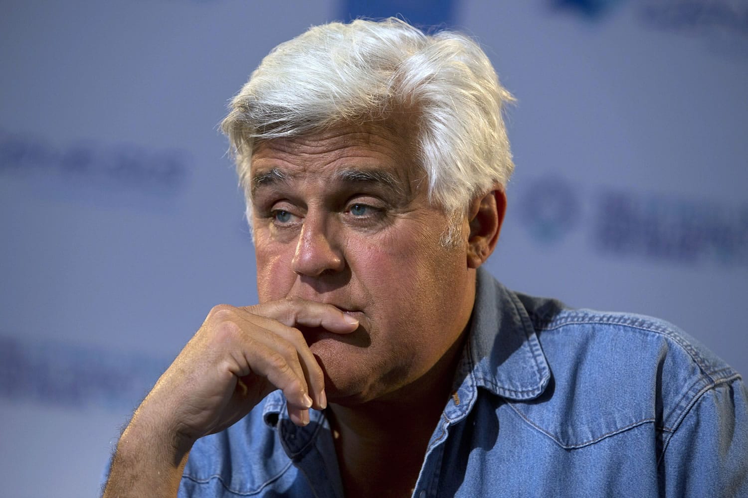Comedian Jay Leno pauses during an interview with The Associated Press in Jerusalem.