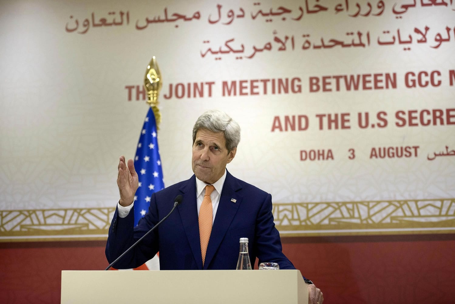 U.S. Secretary of State John Kerry speaks during a press conference following a meeting with foreign ministers of the Gulf Cooperation Council (GCC) on Monday, Aug. 3, 2015 in Doha. Qatari Foreign Minister Khaled al-Attiyah on Monday backed the deal on Iran's nuclear programme as the best available option, after talks in Doha with US Secretary of State John Kerry.