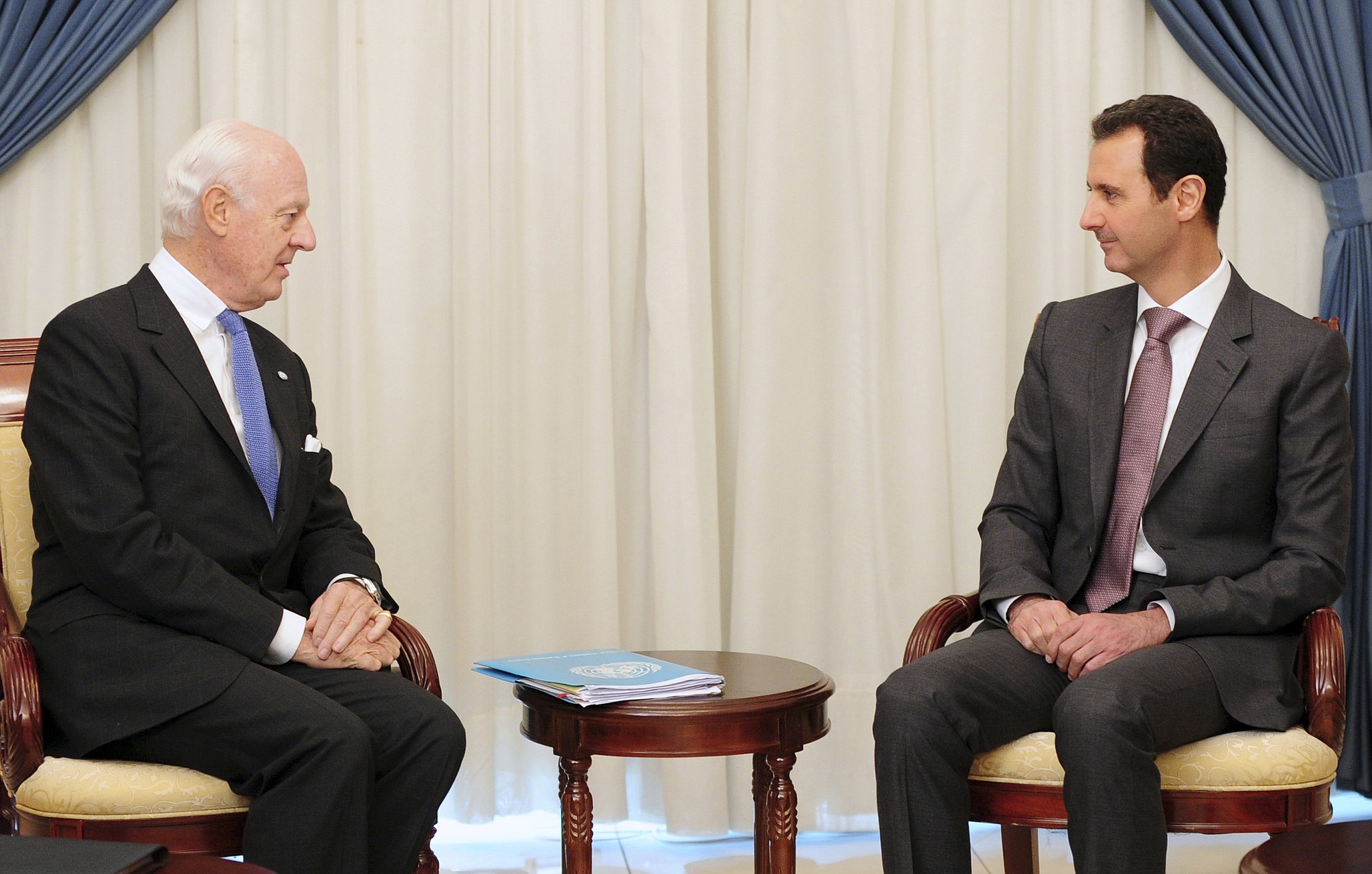 Syrian official news agency SANA
Syrian President Bashar Assad, right, speaks with Staffan de Mistura, the United Nations special envoy to Syria in Damascus, Syria, on Monday.