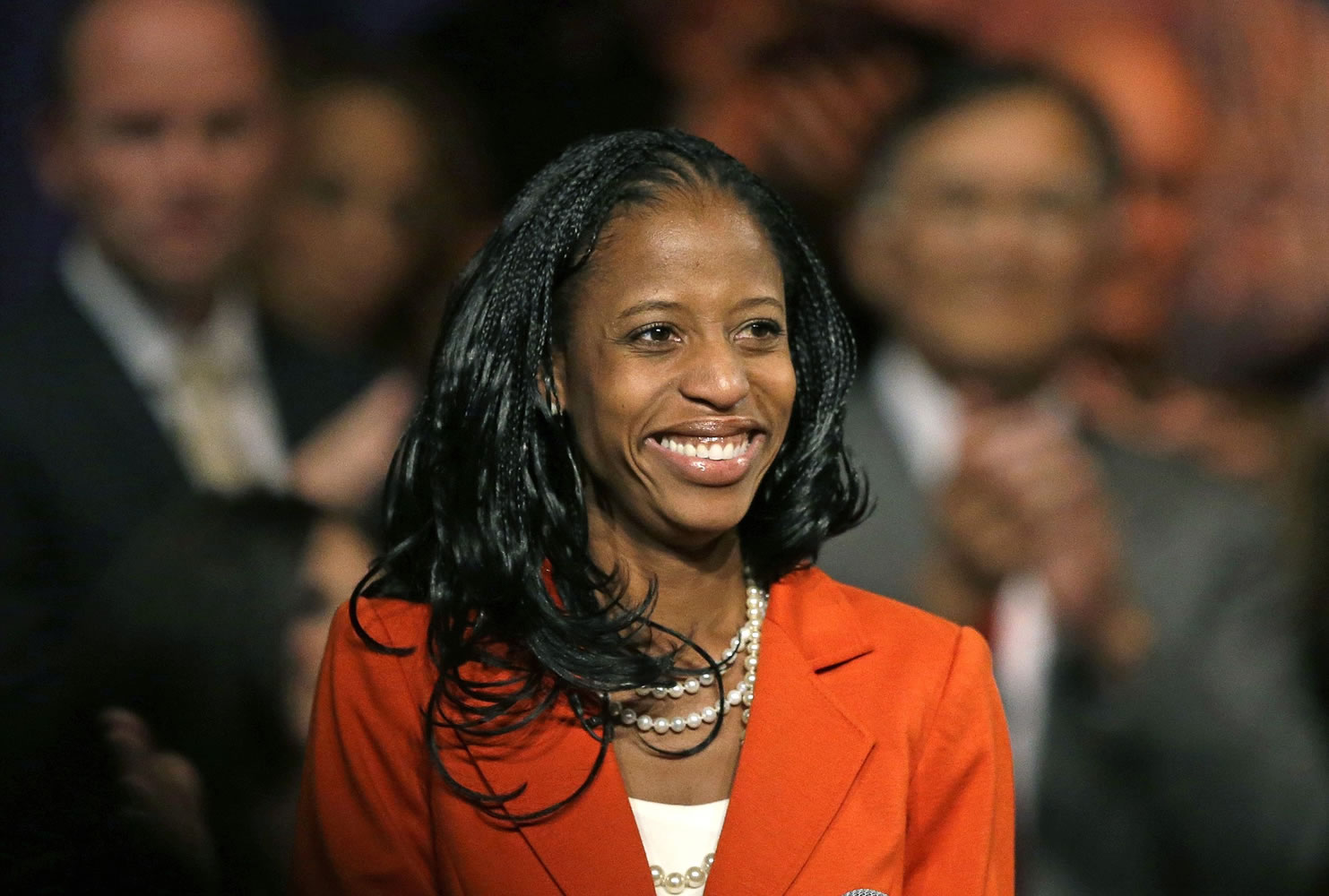 Mia Love, the Republican nominee in Utah's 4th congressional district, smiles after speaking during a rally, in Lehi, Utah.