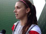 Portland Thorns forward Alex Morgan speaks with reporters at Providence Park in Portland, Ore., on Wednesday, Aug. 26, 2015. Morgan is healed from injuries and a minor surgical procedure as she looks forward to the World Cup-winning U.S.