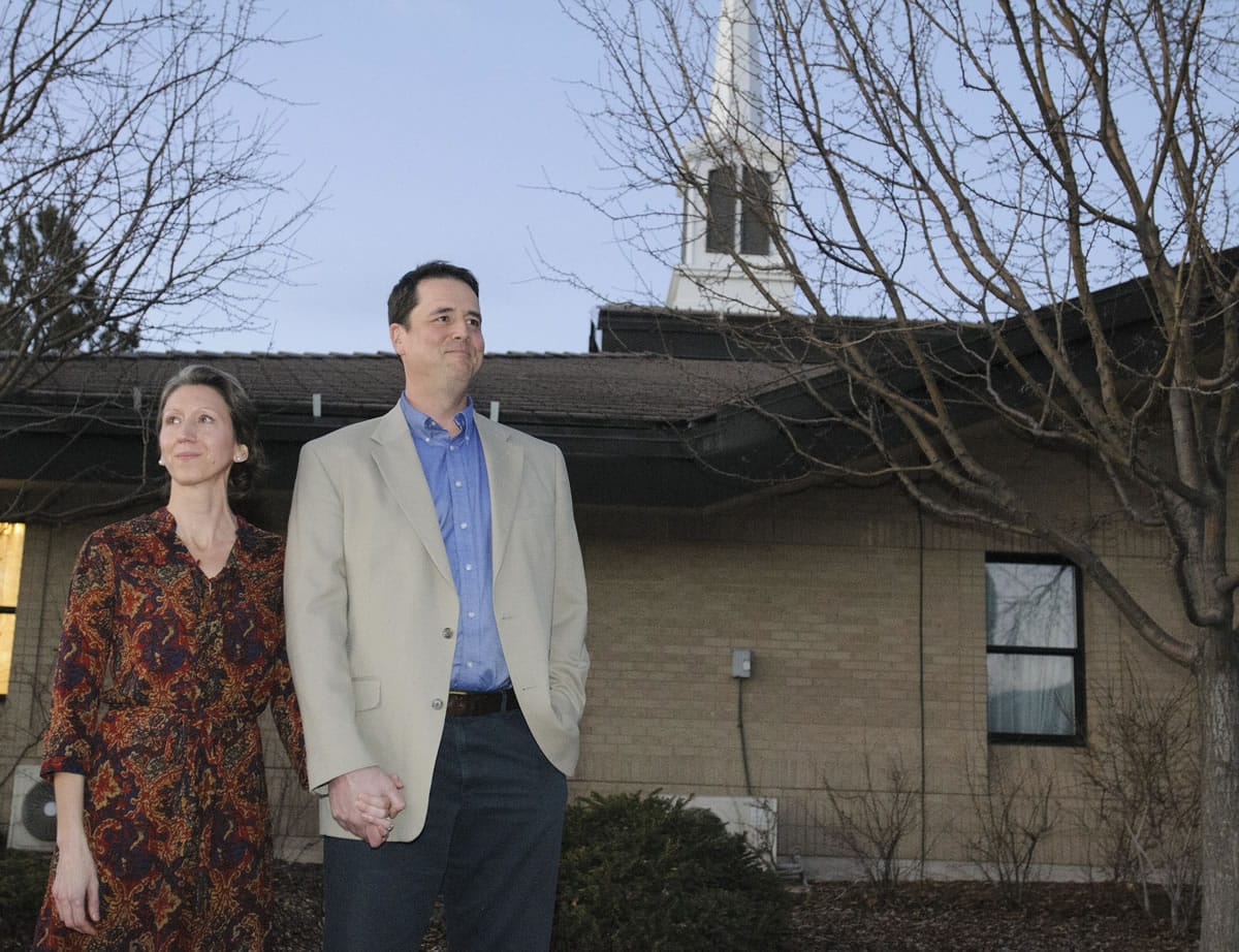 John Dehlin and his wife Margi Dehlin speak to supporters Sunday prior to his disciplinary council held by The Church of Jesus Christ of Latter-day Saints in North Logan, Utah.