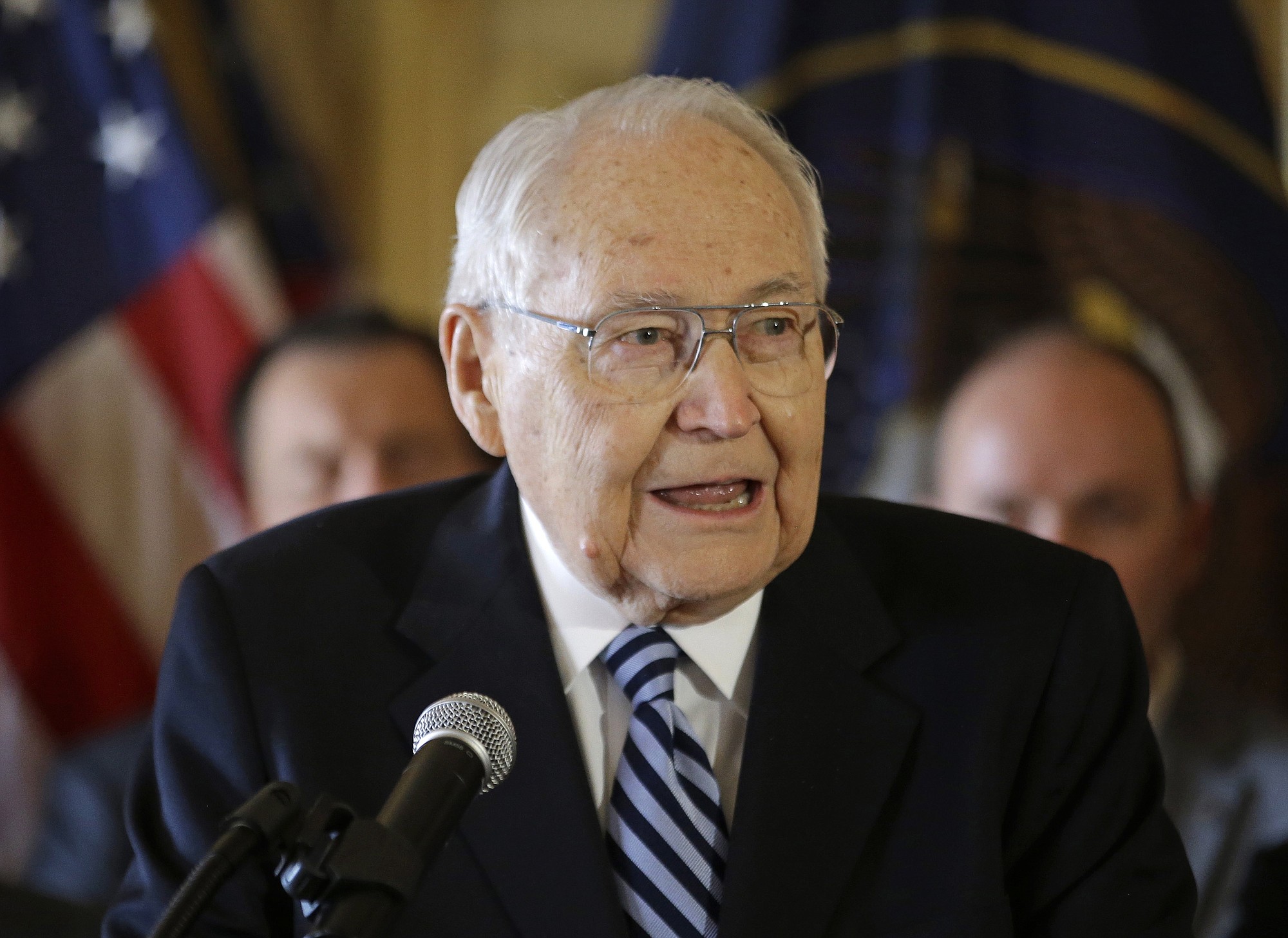 L. Tom Perry, the second-most senior member of the high-level Mormon governing body called the Quorum of the Twelve Apostles, speaks March 4 during a news conference at the Utah State Capitol, in Salt Lake City. Mormon church officials say Perry, one of the highest-ranking leaders of the faith, is headed to hospice as his cancer spreads aggressively.