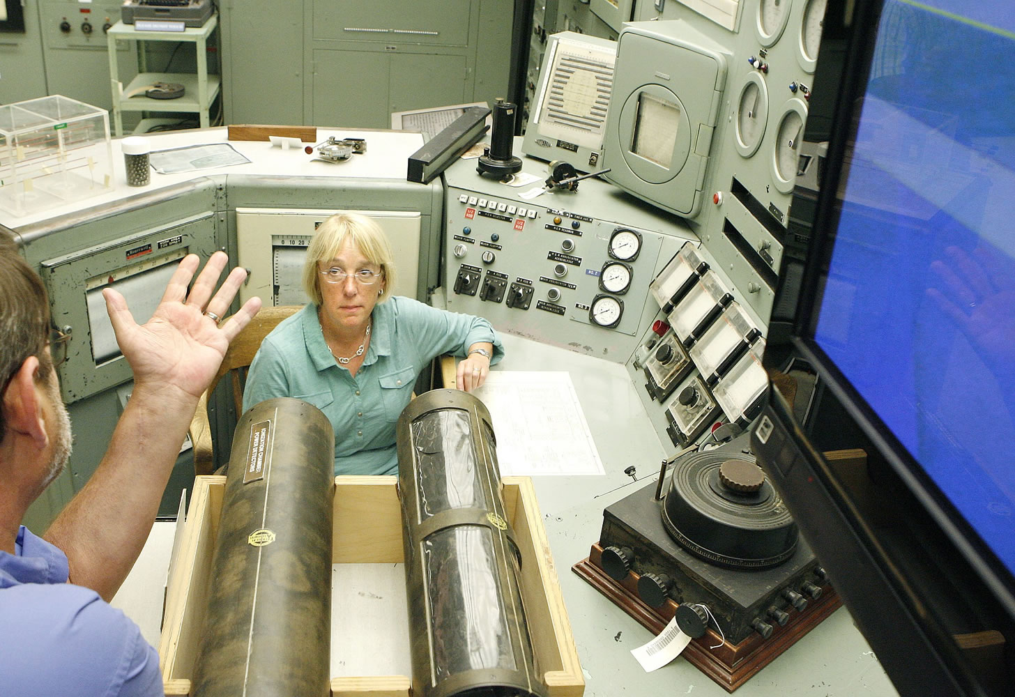 U.S. Sen. Patty Murray sits at the B Reactor Control Room desk during a tour of the Hanford nuclear reservation Thursday in Hanford.