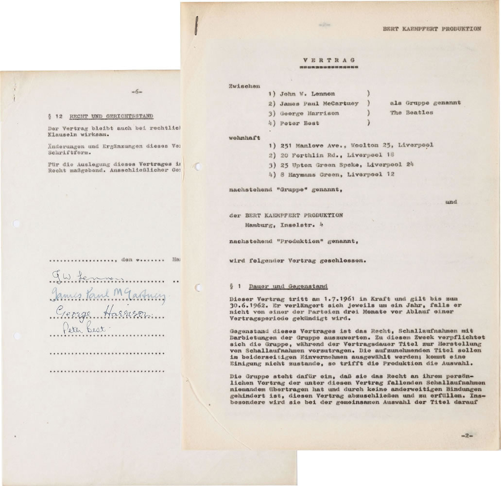 This undated photo provided by Heritage Auctions from an upcoming Beatles collection sale shows the Beatles? first recording contract, which was signed in Hamburg, Germany, where the band honed its craft performing in the city?s boisterous nightclub district.  It will be auctioned in New York on Sept. 19 and is part of a collection, spanning the band?s entire career, from the estate of Uwe Blaschke a noted German Beatles historian who died in 2010.