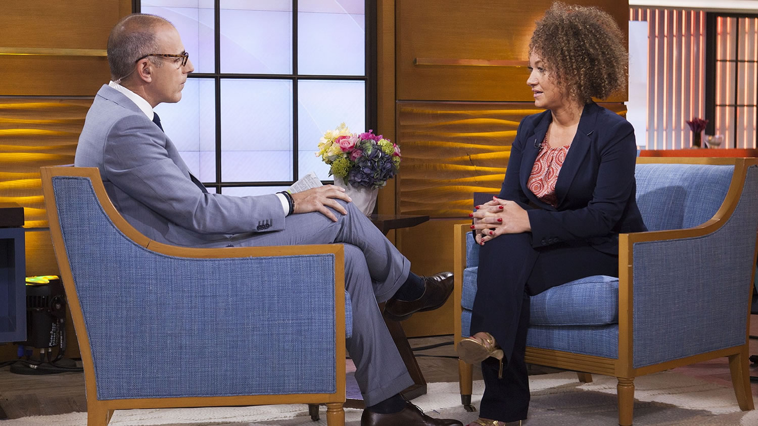 Former NAACP leader Rachel Dolezal appears on the &quot;Today&quot; show during an interview with co-host Matt Lauer on Tuesday in New York. Dolezal, who resigned as head of a NAACP chapter after her parents said she is white, said Tuesday that she started identifying as black around age 5, when she drew self-portraits with a brown crayon, and &quot;takes exception&quot; to the contention that she tried to deceive people.