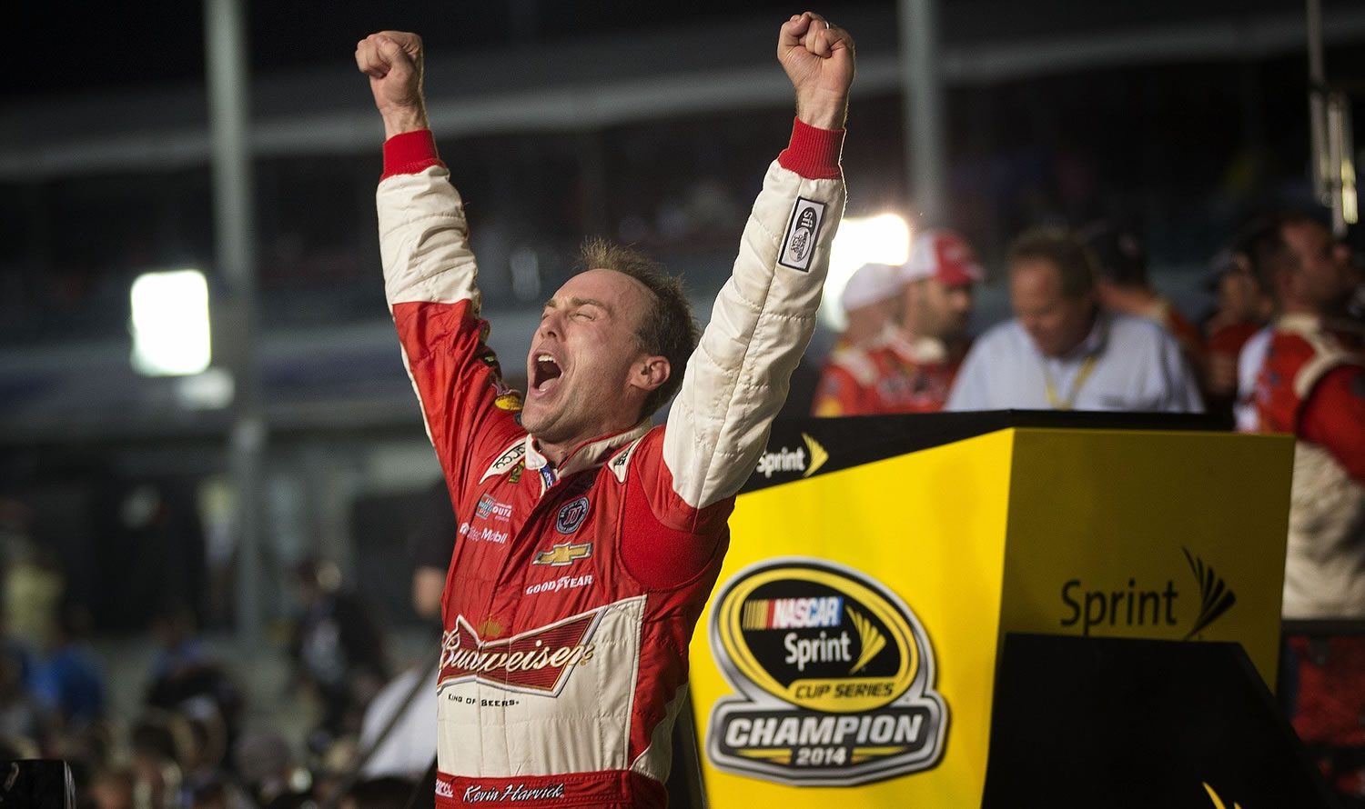 Kevin Harvick celebrates winning the NASCAR Sprint Cup championship on Sunday, Nov. 16,2014 in Homestead, Fla.