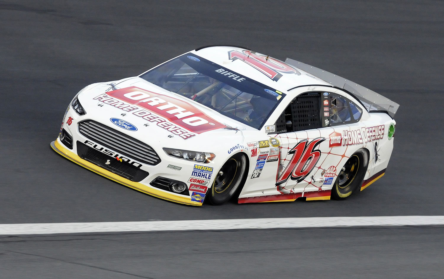 Greg Biffle (16) drives through Turn 4 during the NASCAR Sprint Showdown at Charlotte Motor Speedway in Concord, N.C., Friday, May 15, 2015. Biffle won the first segment to advance to Saturday's All-Star Race.