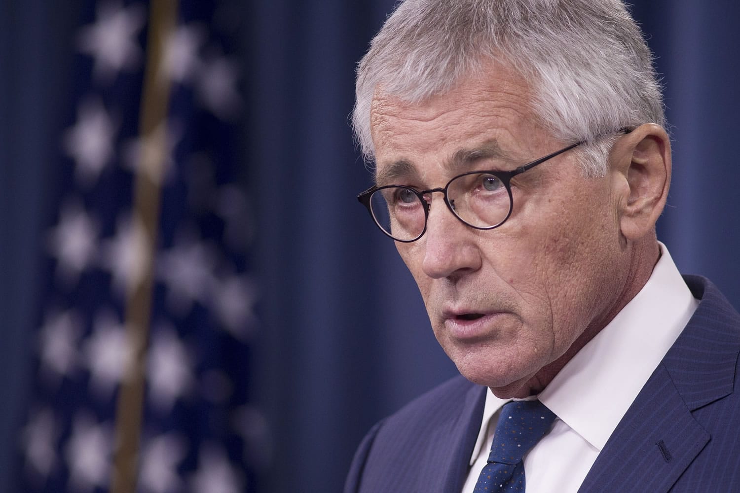 Defense Secretary Chuck Hagel speaks during a news conference at the Pentagon.