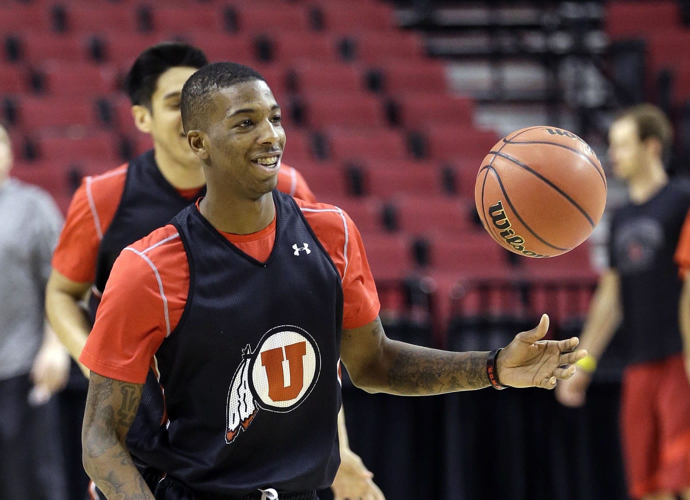 Don Ryan/Associated Press
Utah guard Delon Wright, brother of the Blazers' Dorell Wright, practices at the Moda Center for the Utes' NCAA Tournament game Thursday vs. Stephen F. Austion