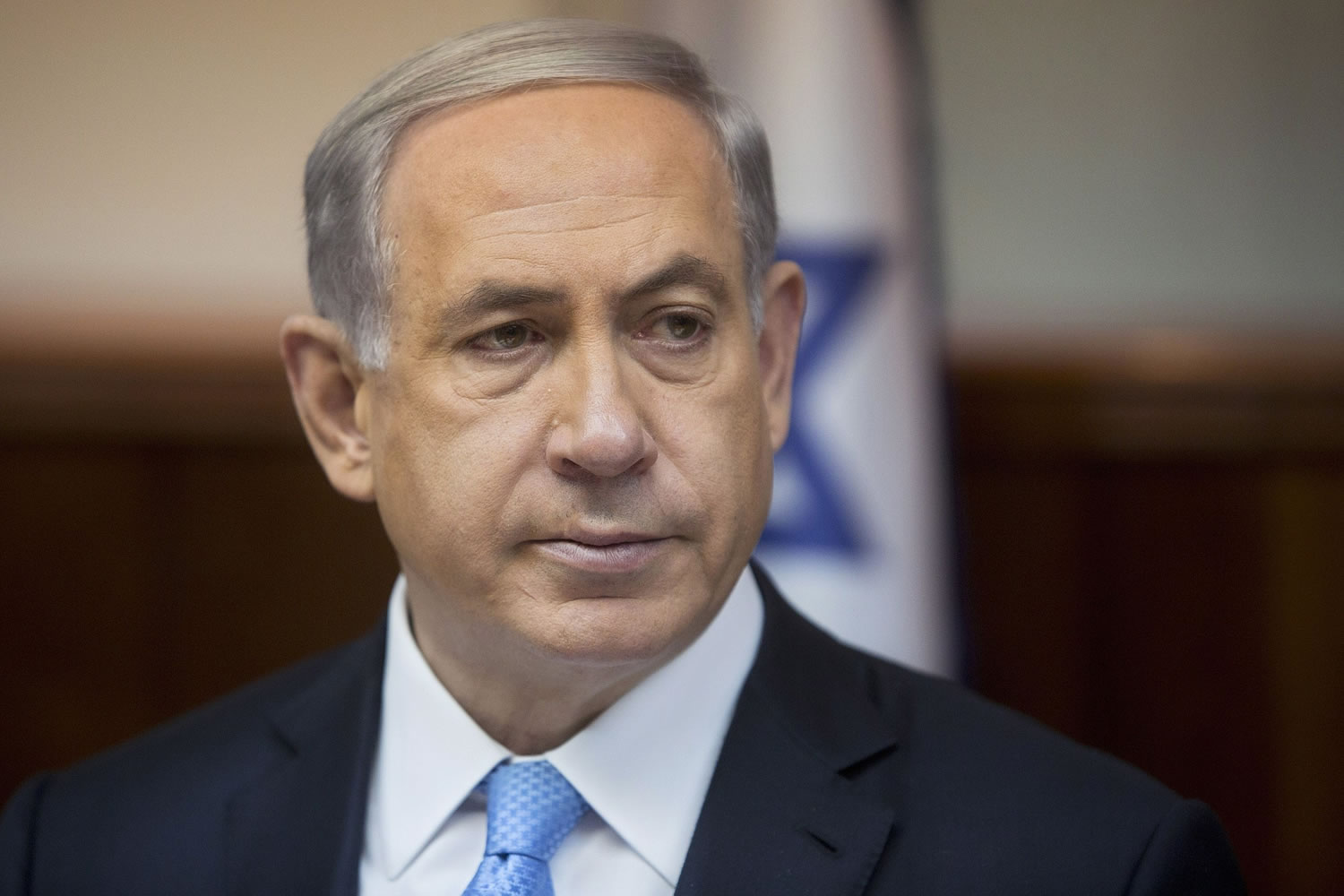 Israeli Prime Minister Benjamin Netanyahu attends the weekly cabinet meeting in his Jerusalem office.