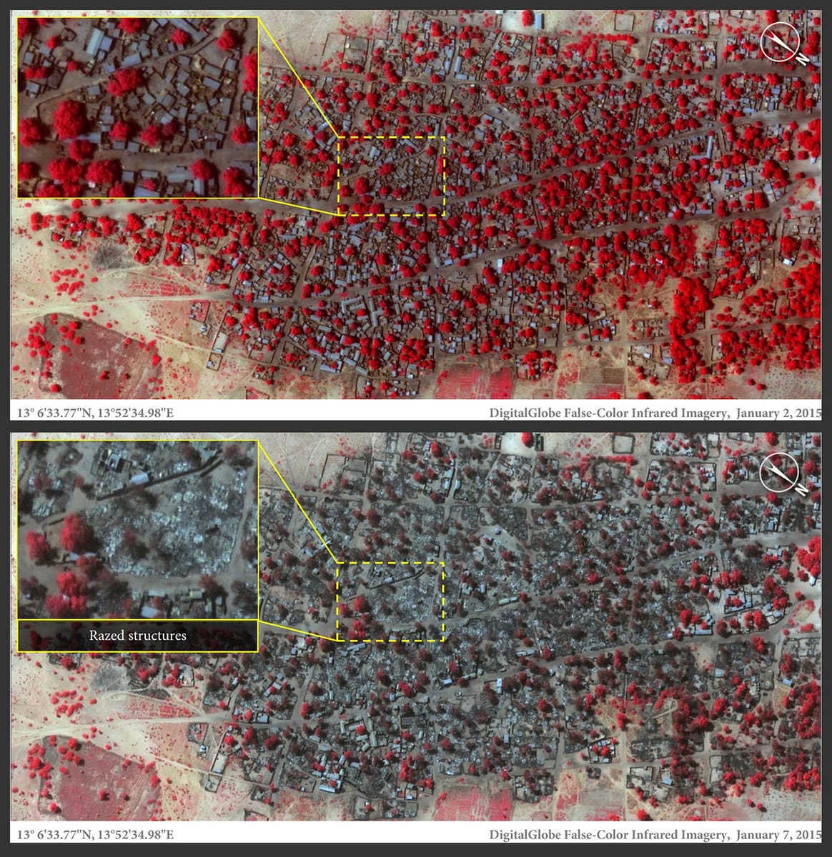 This photo combo of images provided by Amnesty International, on Thursday, Jan. 15, 2015, shows infrared satellite images of the village of Doron Baga in northeastern Nigeria. The top image shows the village on Jan. 2, before it was allegedly attacked by members of the Islamic extremist group Boko Haram. The bottom image, taken on Jan. 7, 2015, shows Doron Baga after the alleged attack. Amnesty International said that in the infrared images, where bright red indicates healthy trees and vegetation, more than 3,700 structures were damaged or destroyed. Boko Haram fighters seized a military base in Baga on Jan. 3 and, according to witnesses, killed hundreds of civilians in the ensuing days.
