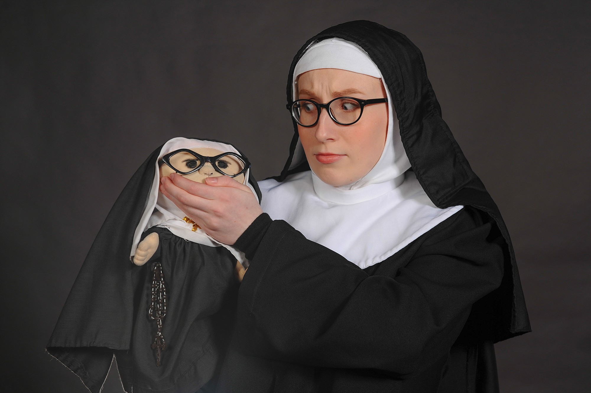 Ashley Ha as Sister Amnesia with Sister Marionette in Love Street Playhouse's &quot;Nunsense,&quot; performing extended through March 8.