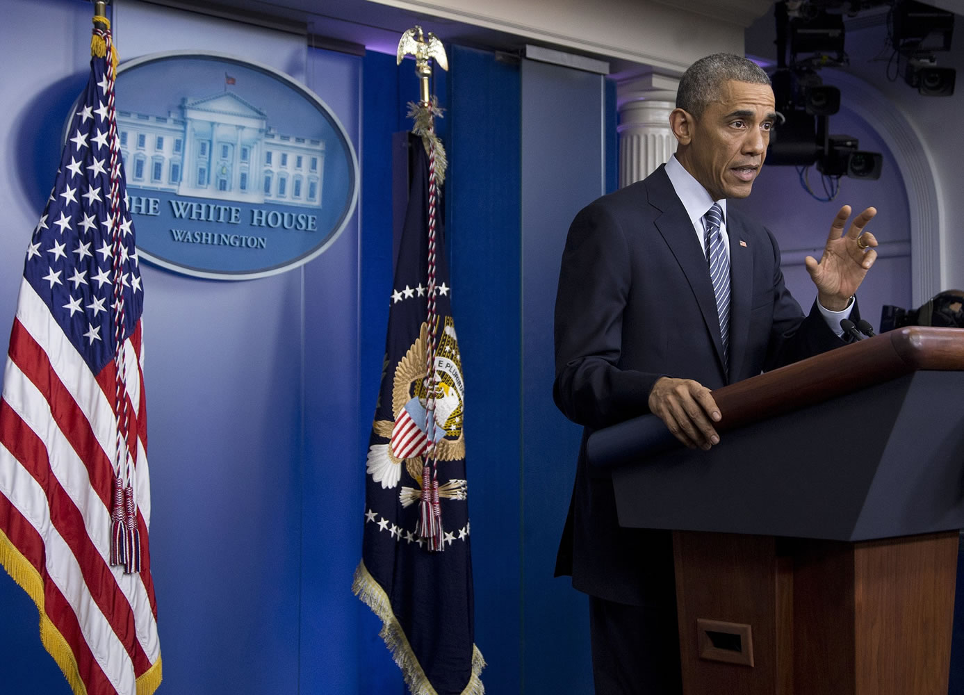 President Barack Obama speaks in the Brady Press Briefing Room at the White House in Washington on Monday after the Ferguson grand jury decided not to indict police officer Darren Wilson in the shooting death of Michael Brown.