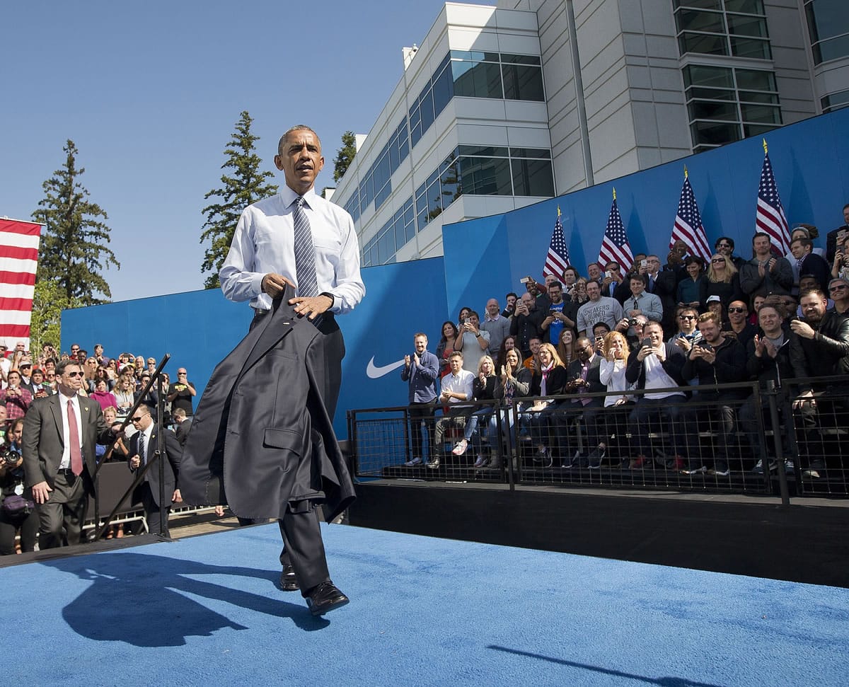 President Barack Obama walks off stage after speaking at Nike headquarters in Beaverton, Ore., on Friday.