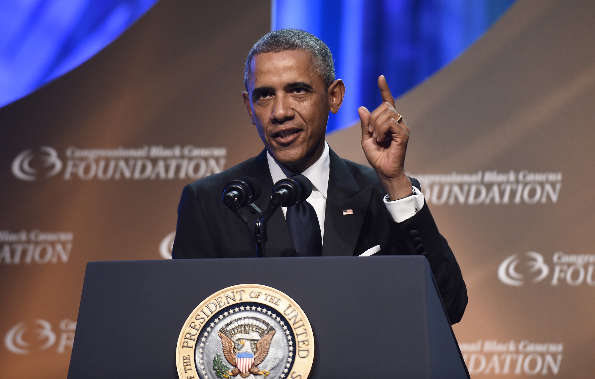 President Barack Obama speaks at the Congressional Black Caucus Foundation's 44th Annual Legislative Conference Phoenix Awards Dinner in Washington in Saturday.