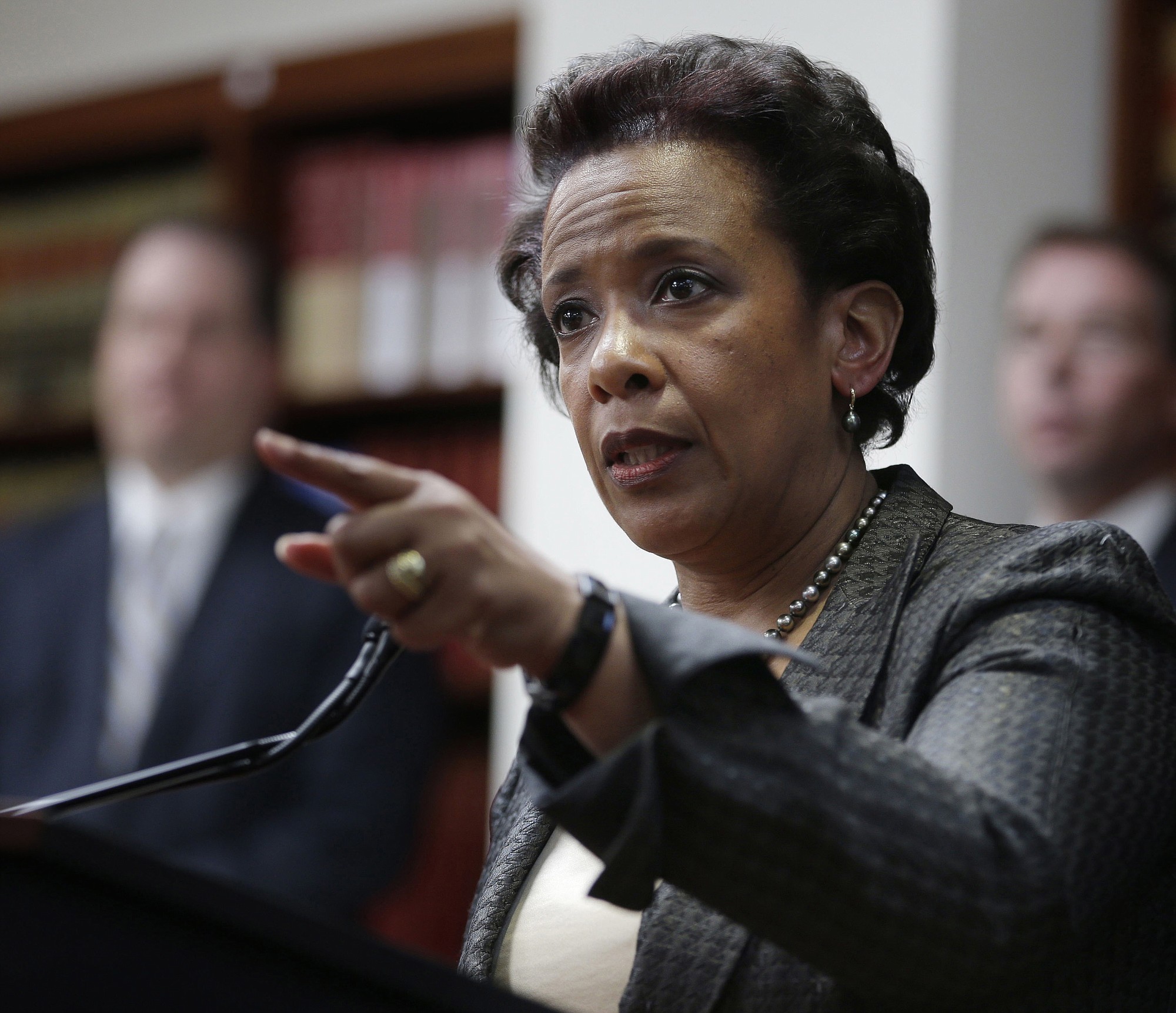 Loretta Lynch, U.S. attorney for the Eastern District of New York, speaks April 28 during a news conference in New York. Lynch has emerged as the leading choice to be the next attorney general, but President Barack Obama does not plan to make a nomination until after a trip to Asia next week.