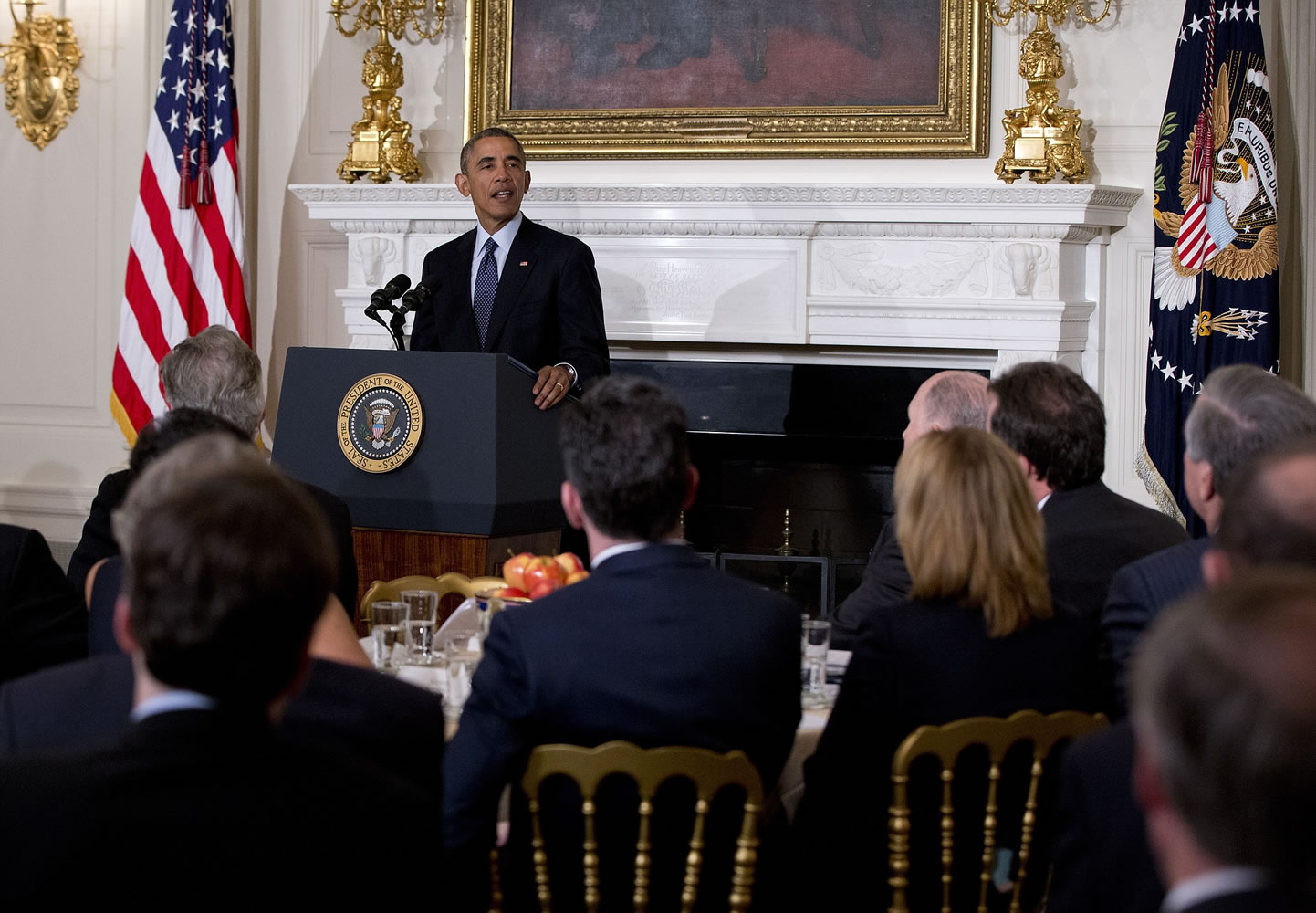 President Barack Obama speaks to members of the National Governors Association on Monday in the State Dining Room of White House in Washington.