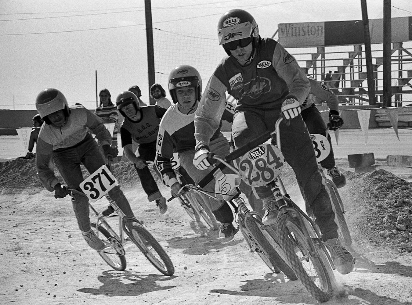 In this 1976 photo provided by USA BMX, Scot Breithaupt leads the pack in a BMX bicycle race in Las Vegas. Scot Alexander Breithaupt, who organized bicycle races on dirt motorcycle courses in the early 1970s, becoming a founder of BMX and later a champion and one of the cycling sport's best known figures, died in Indio, Calif., authorities said Monday, July 6, 2015.
