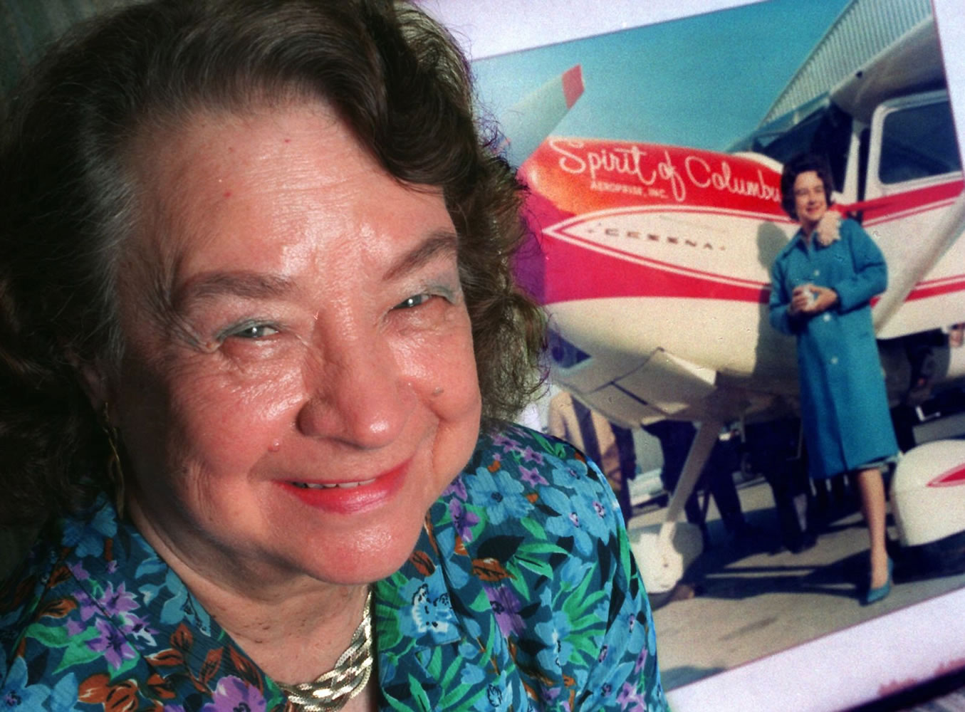 Associated Press files
Geraldine  Mock poses in 1994 next to a photo of her taken minutes before her historic 1964 flight.