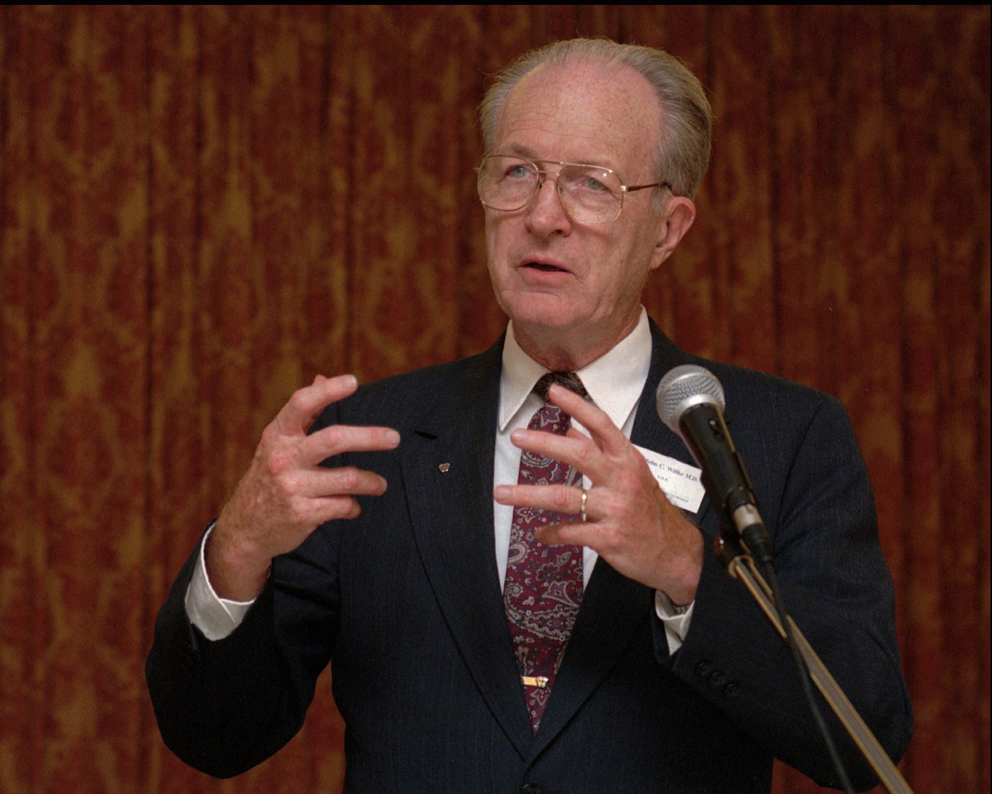 John Willke speaks Oct. 6, 1995 at the first anti-euthanasia conference in Amsterdam.  Willke, the doctor who helped shape the modern anti-abortion movement and argued that a woman's body can resist conception in a sexual assault, has died at his home in Cincinnati, on Friday.
