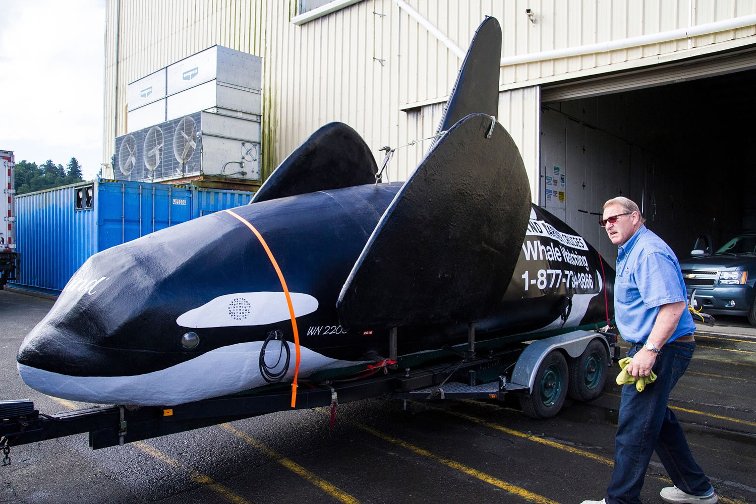 A man-made orca sits Thursday at Pier Two in Astoria, Ore.