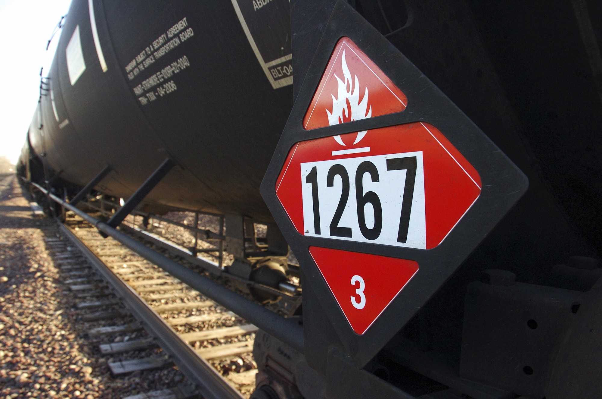 A warning placard on a tank car carrying crude oil near a loading terminal in Trenton, N.D.
