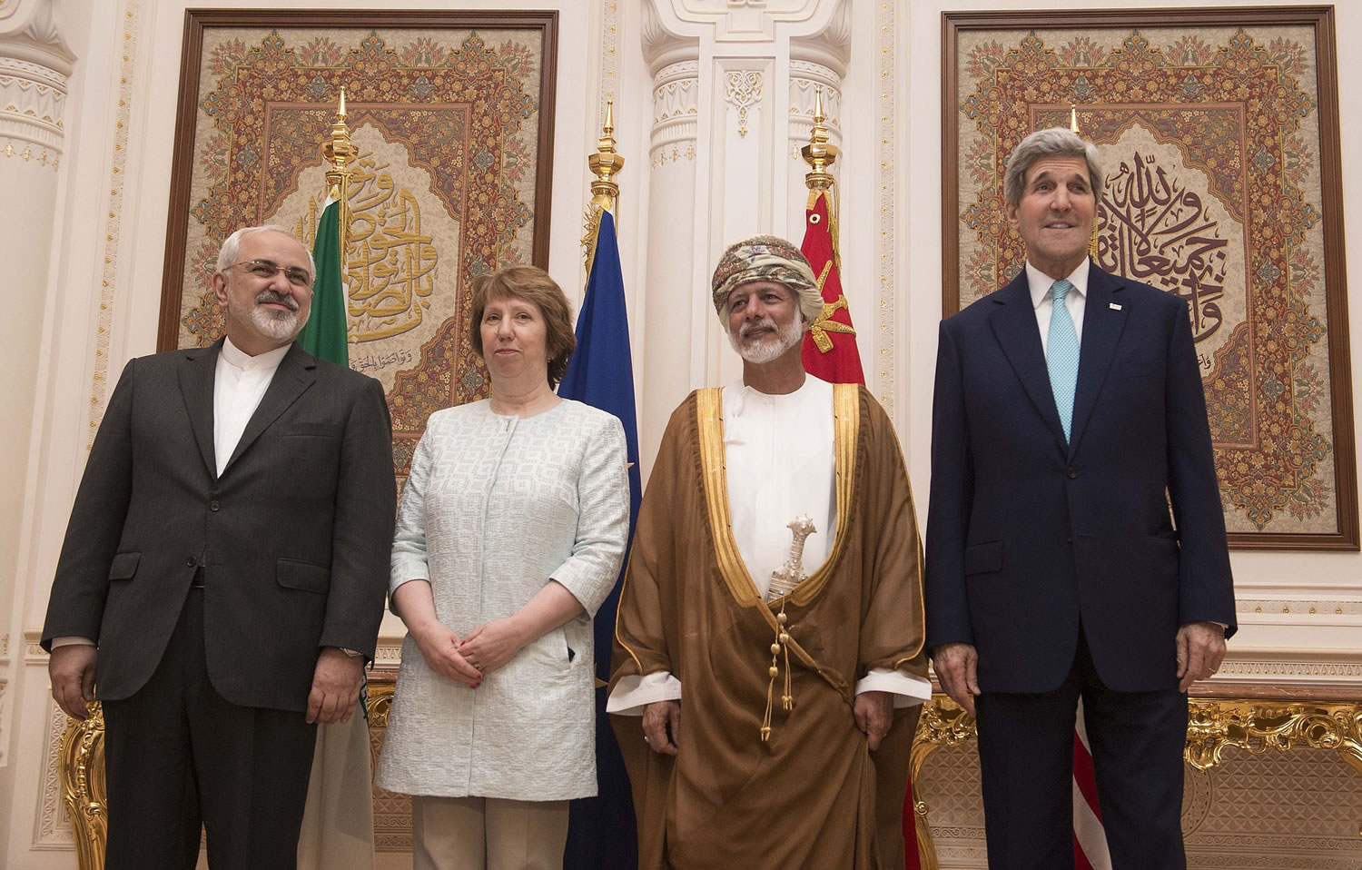 Posing for a photo are, from left, Iranian Foreign Minister Javad Zarif, European Union adviser Catherine Ashton, Omani Minister Responsible for Foreign Affairs Yussef bin Alawi and U.S.