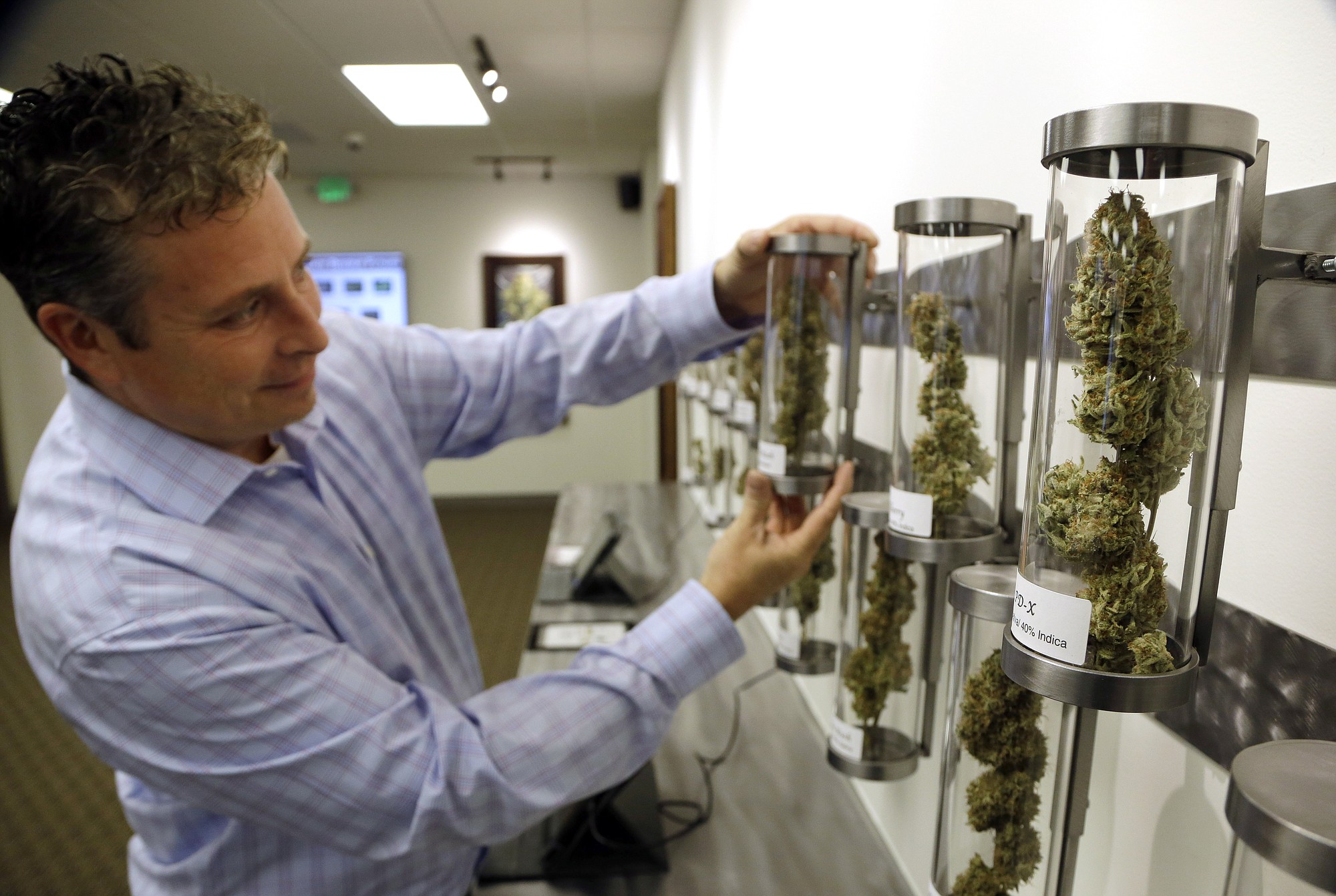 Don Ryan/Associated Press
Shane McKee, co-founder of Shango Premium Cannabis dispensary, pulls a  medical marijuana sample from a display of cannabis flowers in Portland on Wednesday, Nov. 5, 2014. Oregon voters legalized recreational marijuana.