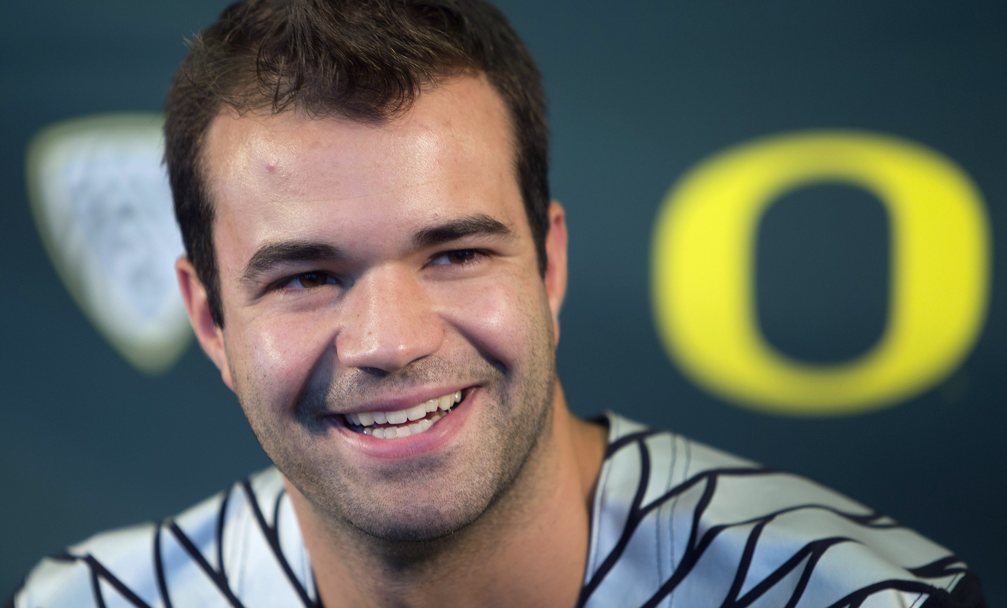Oregon quarterback Jeff Lockie answers questions from the press during Media Day at Autzen Stadium in Eugene., Ore., on Monday, Aug. 10, 2015. The Ducks started their fall camp on Monday.