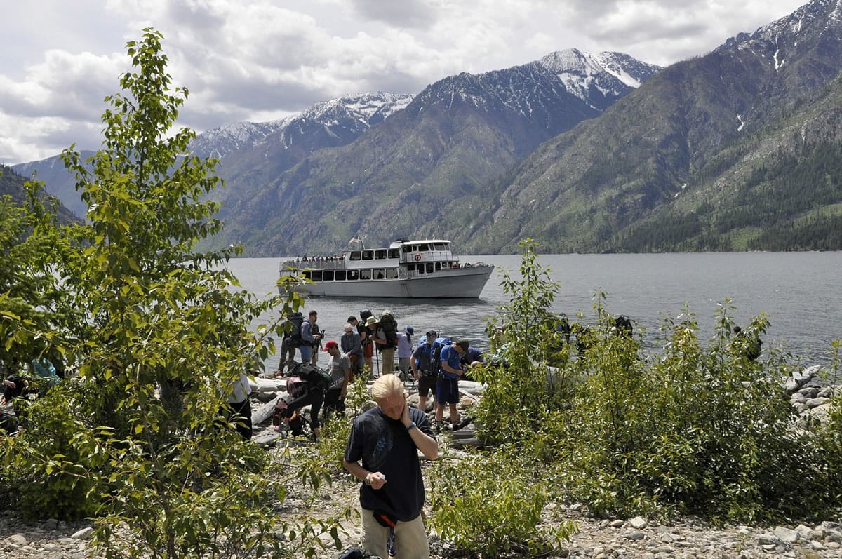 The Lady of the Lake II ferries hikers to the Prince Creek trailhead for the Lake Chelan Lakeshore Trail near Stehekin in May 2014.  The backcountry village is accessible by water or foot.