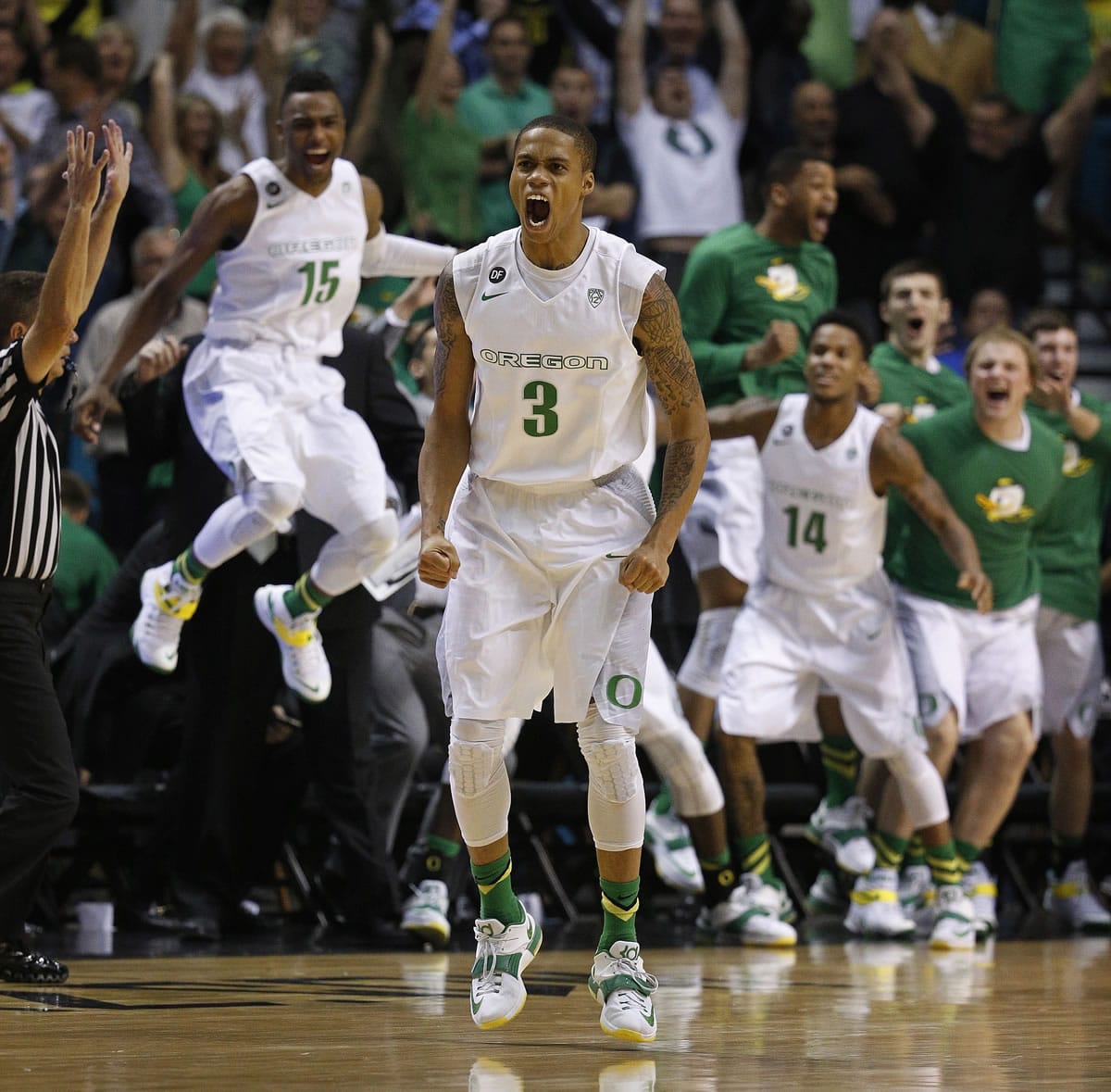 Oregon's Joseph Young celebrates after scoring a 3-point game winning shot against Utah in the final seconds of the semifinals of the Pac-12 conference tournament Friday.