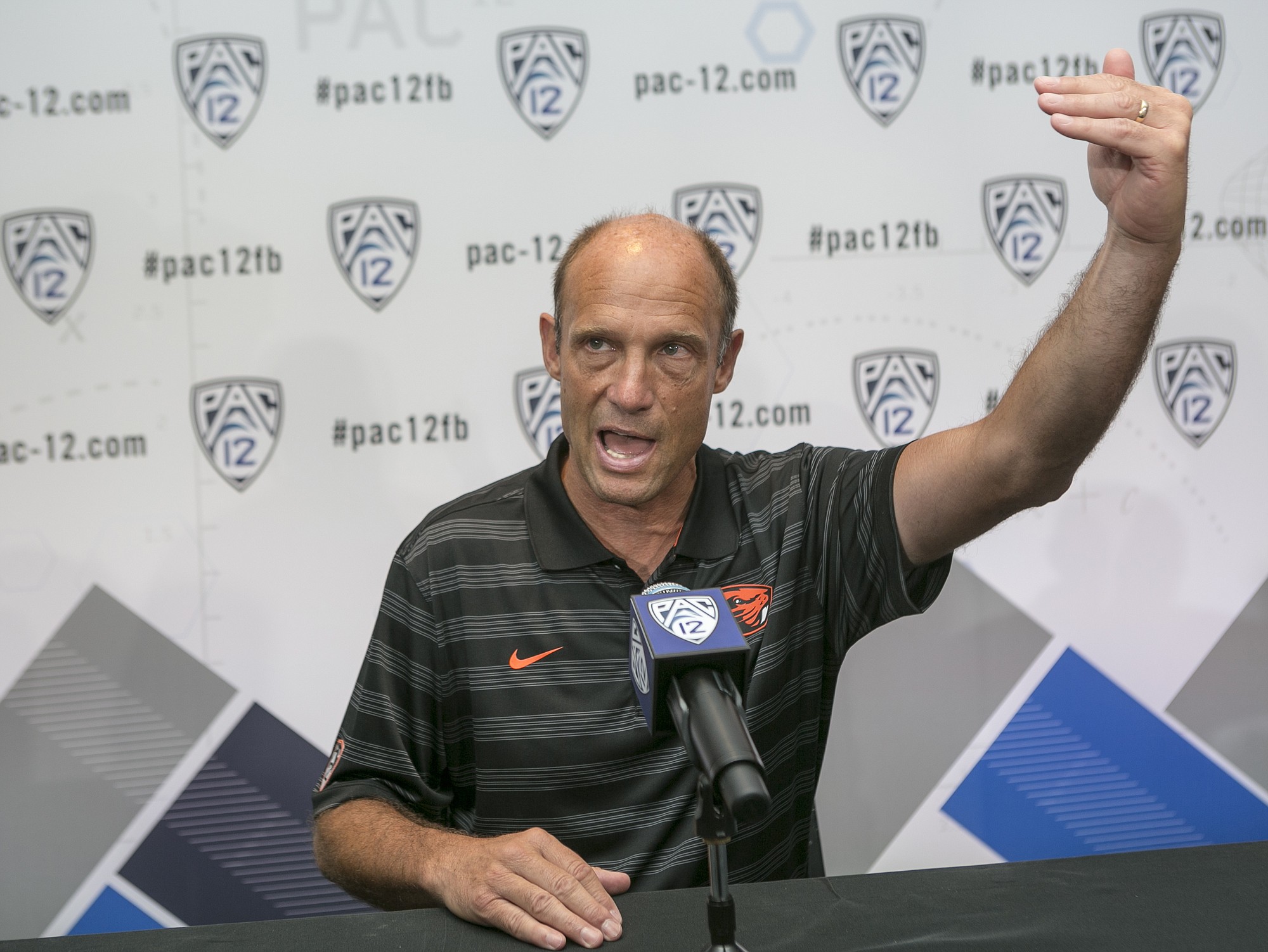 Oregon State head coach Mike Riley takes questions at the 2014 Pac-12 NCAA college football media days at Paramount Studios in Los Angeles Thursday, July 24, 2014.