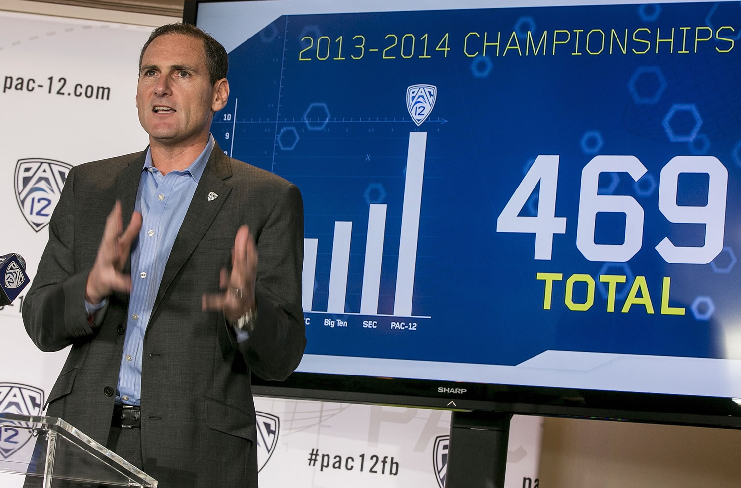 Pac-12 Commissioner Larry Scott delivers the opening remarks of the 2014 Pac-12 college football media days at Paramount Studios in Los Angeles on Wednesday.