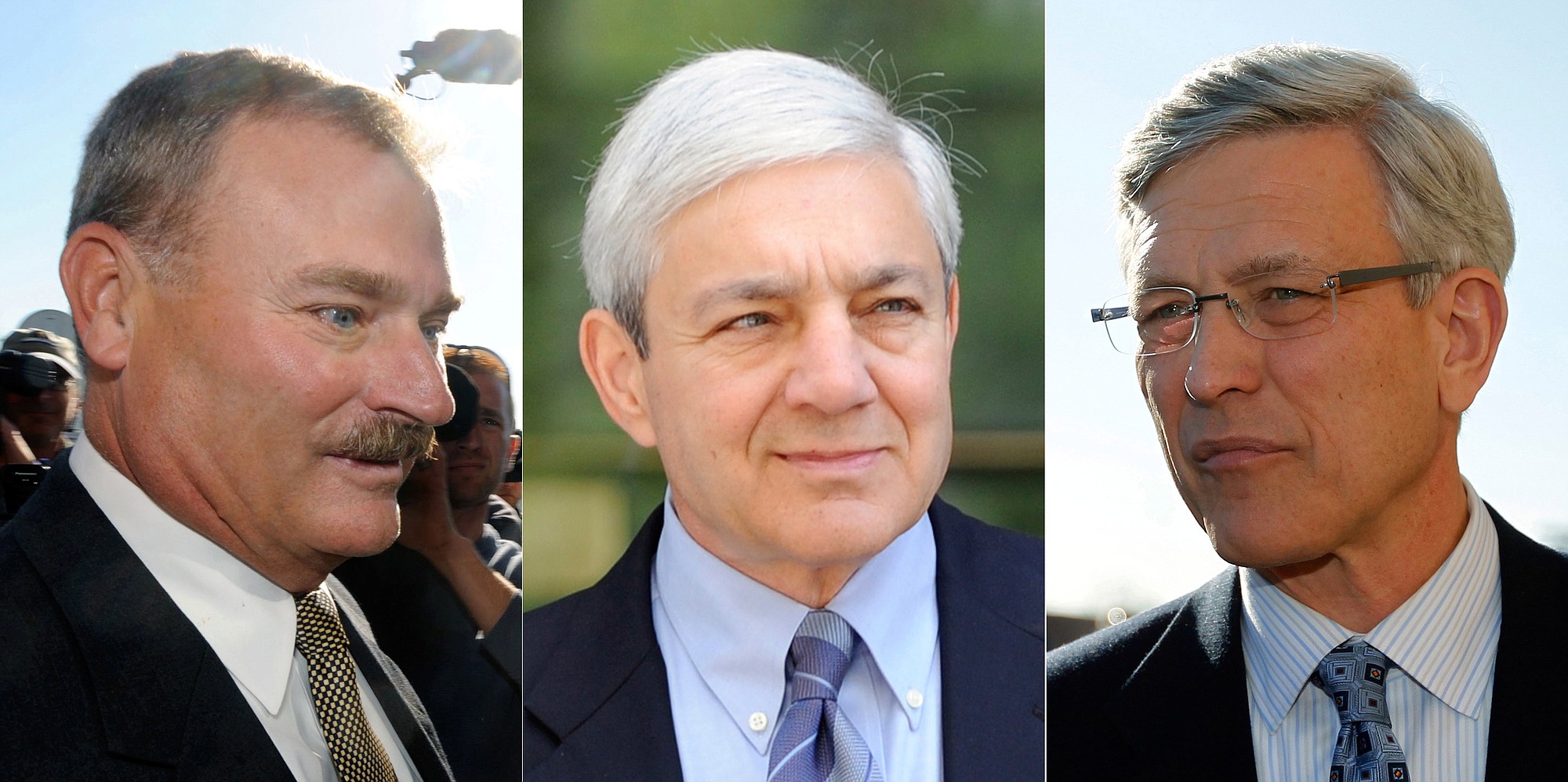 This combination of 2011 and 2013 photo shows, from left, former Penn State vice president Gary Schultz, former Penn State president Graham Spanier, and former Penn State director of athletics Tim Curley in Harrisburg, Pa.