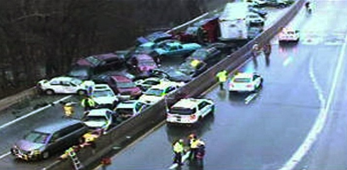 PennDOT via FoxTV
More than 20 cars were involved in a pileup on I-76 in Philadelphia after freezing rain on Sunday. Slick roads caused a number of crashes in Pennsylvania.