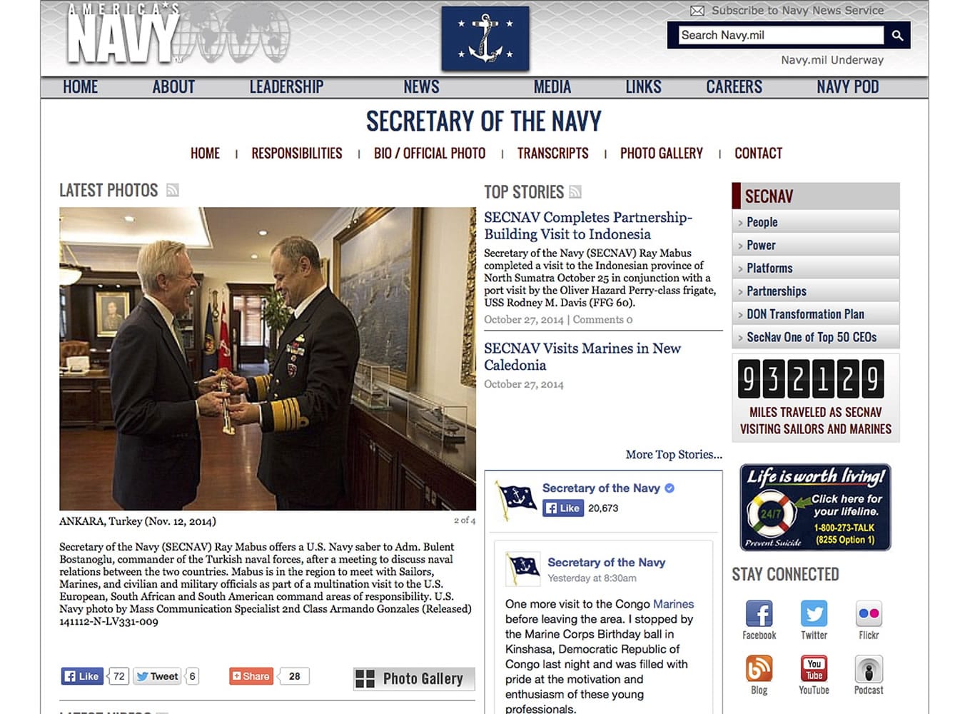 This frame grab of the U.S. Navy website shows a mileage counter, right, of Navy Secretary Ray Mabus travels.