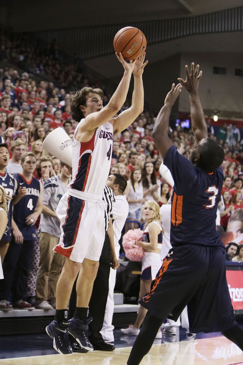 Gonzaga's Kevin Pangos (4) shoots against Pepperdine's Jeremy Major (3) during the first half Saturday, Feb. 14, 2015, in Spokane.