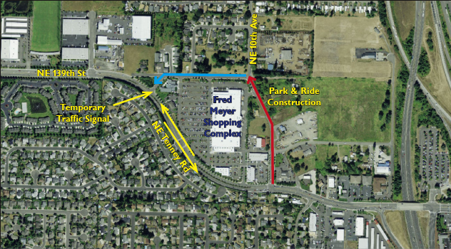 Clark County Public Works will make 10th Avenue and 139th Street around the Fred Meyer shopping complex in Salmon Creek one-way between mid-May and late August to improve safety and ease traffic around construction on the new interchange.