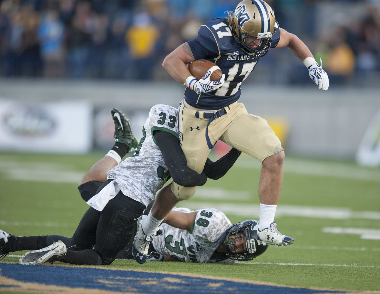Montana State running back Chad Newell (17) hurdles a Portland State defender during the second half Saturday, Nov. 8, 2014 in Bozeman, Mont. Montana State won 29-22.