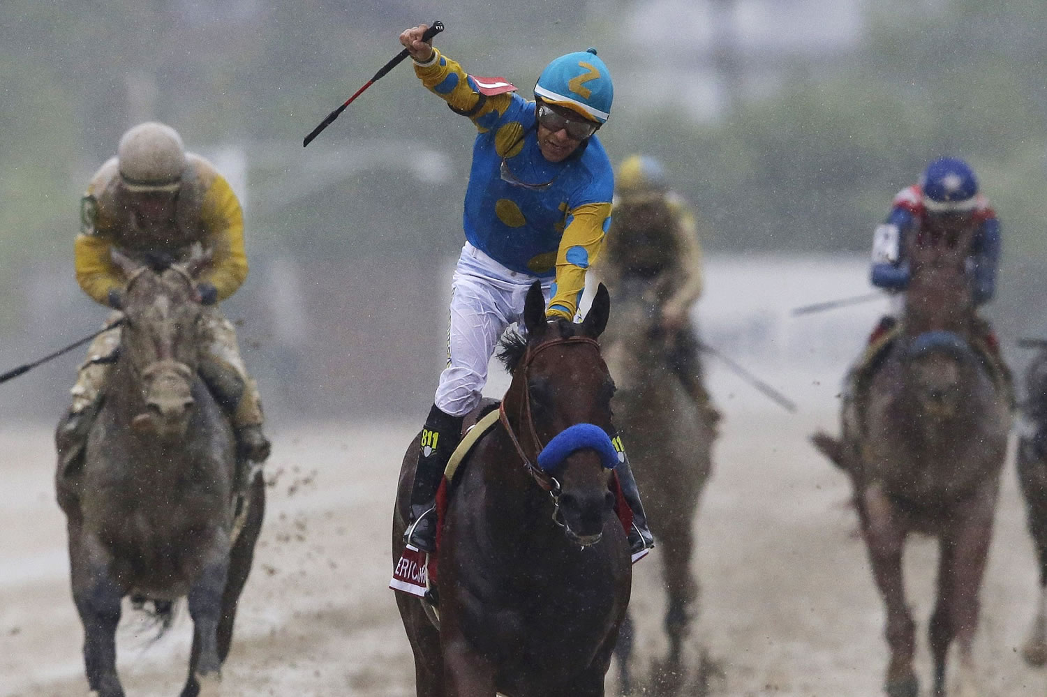 American Pharoah, ridden by Victor Espinoza, center, celebrates after winning the 140th Preakness Stakes at Pimlico Race Course, Saturday, May 16, 2015, in Baltimore.
