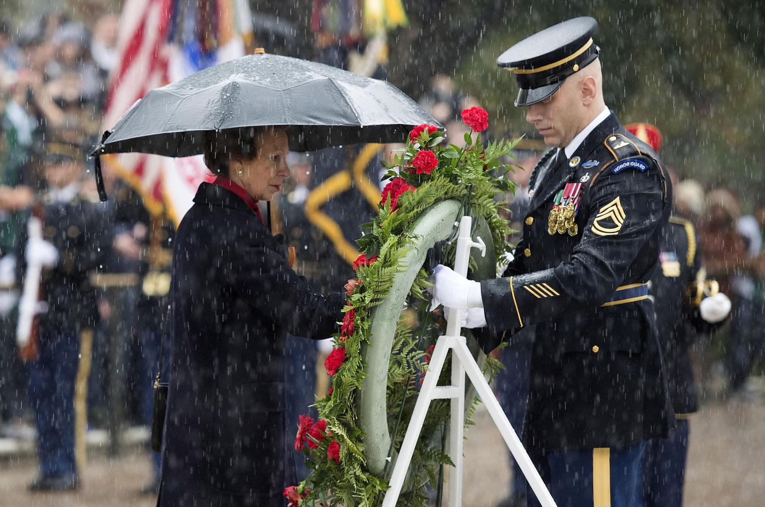 Britain's Princess Anne takes part in a wreath-laying ceremony Thursday at the Tomb of the Unknowns at Arlington National Cemetery in Arlington, Va.