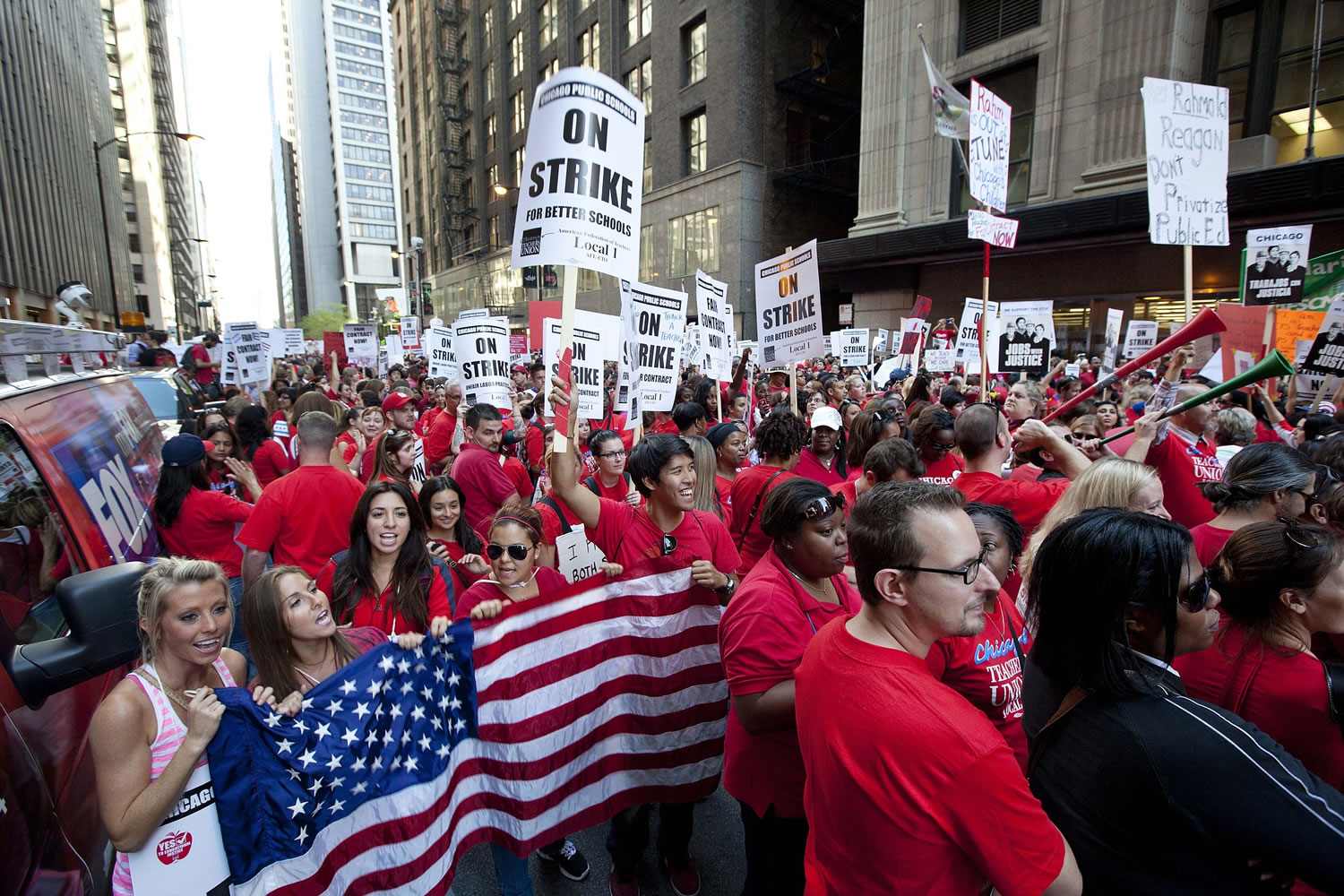 Thousands of public school teachers rallying outside the Chicago Public Schools district headquarters on the first day of strike action over teachersu2019 contracts in Chicago.
