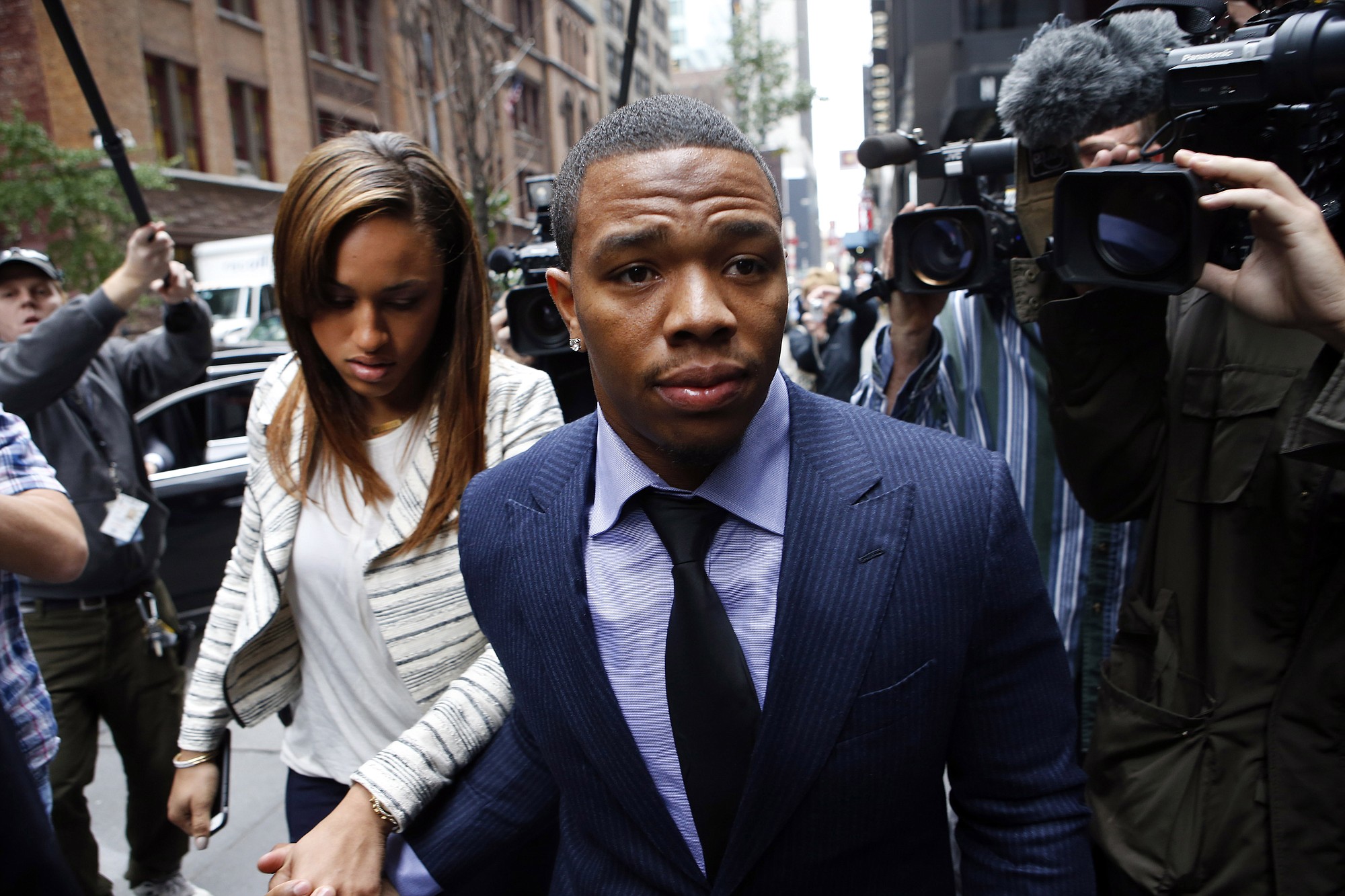 Ray Rice arrives with his wife Janay Palmer for an appeal hearing of his indefinite suspension from the NFL on Nov. 5 in New York.