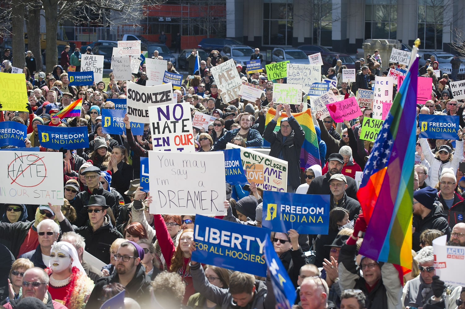 Thousands of opponents of Indiana Senate Bill 101, the Religious Freedom Restoration Act, gathered on the lawn of the Indiana State House to rally against that legislation Saturday. Republican Gov.