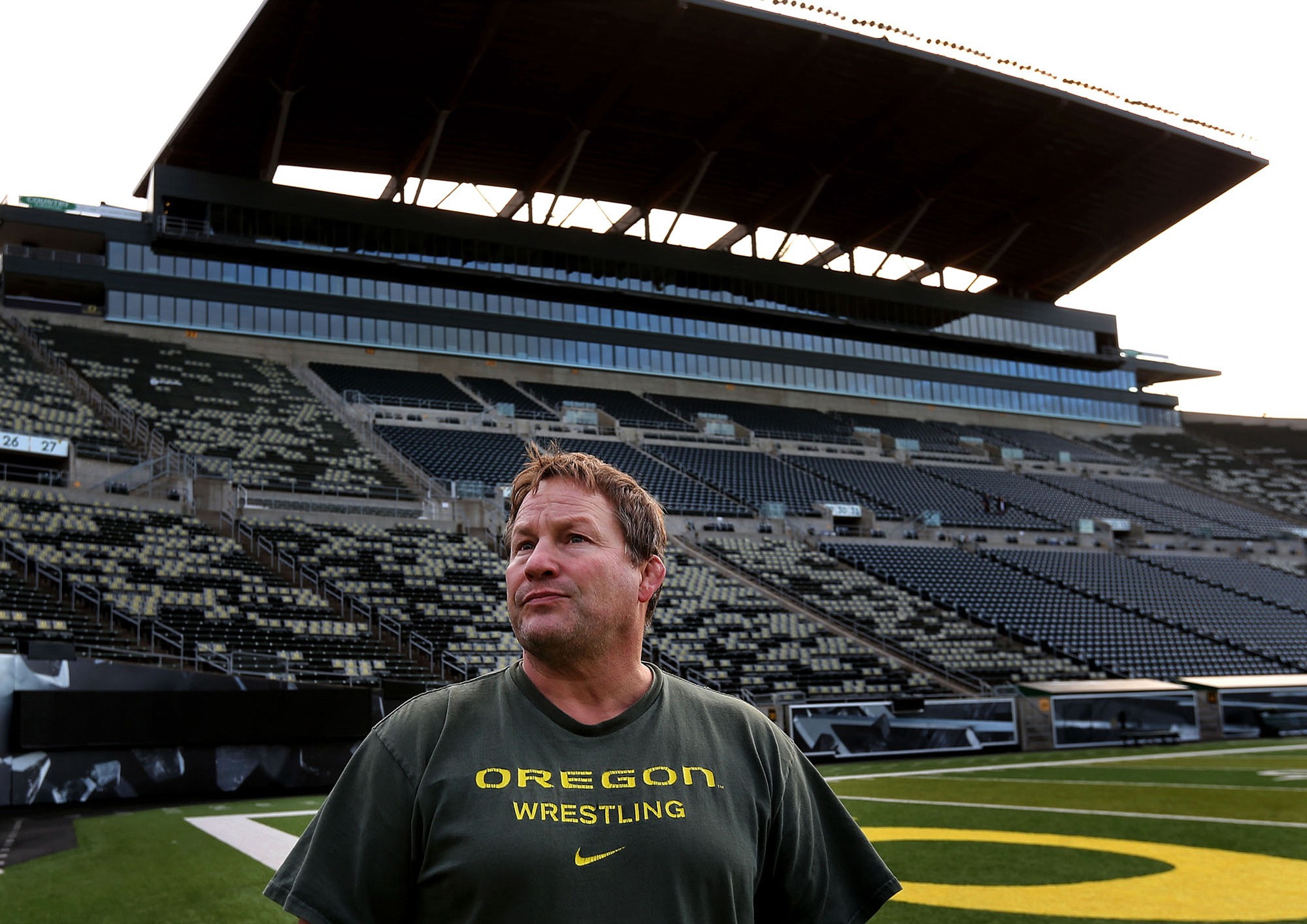 Rick O'Shea on Nov. 6 visits the site in Autzen Stadium where he was wounded by a sniper 30 years ago when he was a student and wrestler at the University of Oregon in Eugene, Ore.